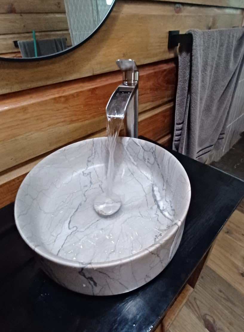 Phiestina Brushed Nickel Tall Bathroom Vessel Sink Faucet, Single Hole Single Handle Waterfall Modern Above Countertop Sink Bathroom Faucet, with Pop Up Drain and Water Supply Line, NS-SF01-BN-V customer photo 1