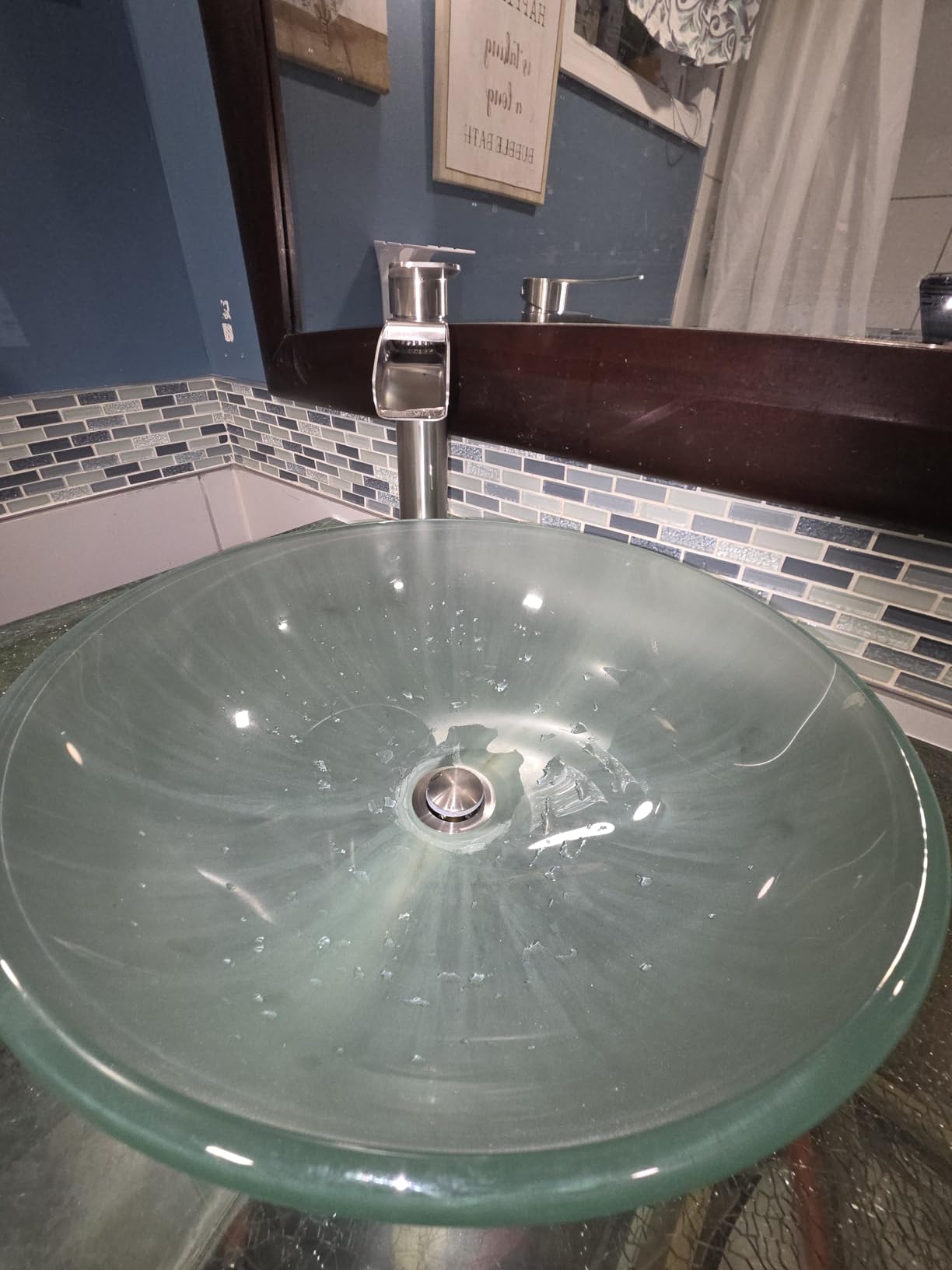 Phiestina Brushed Nickel Tall Bathroom Vessel Sink Faucet, Single Hole Single Handle Waterfall Modern Above Countertop Sink Bathroom Faucet, with Pop Up Drain and Water Supply Line, NS-SF01-BN-V customer photo 2