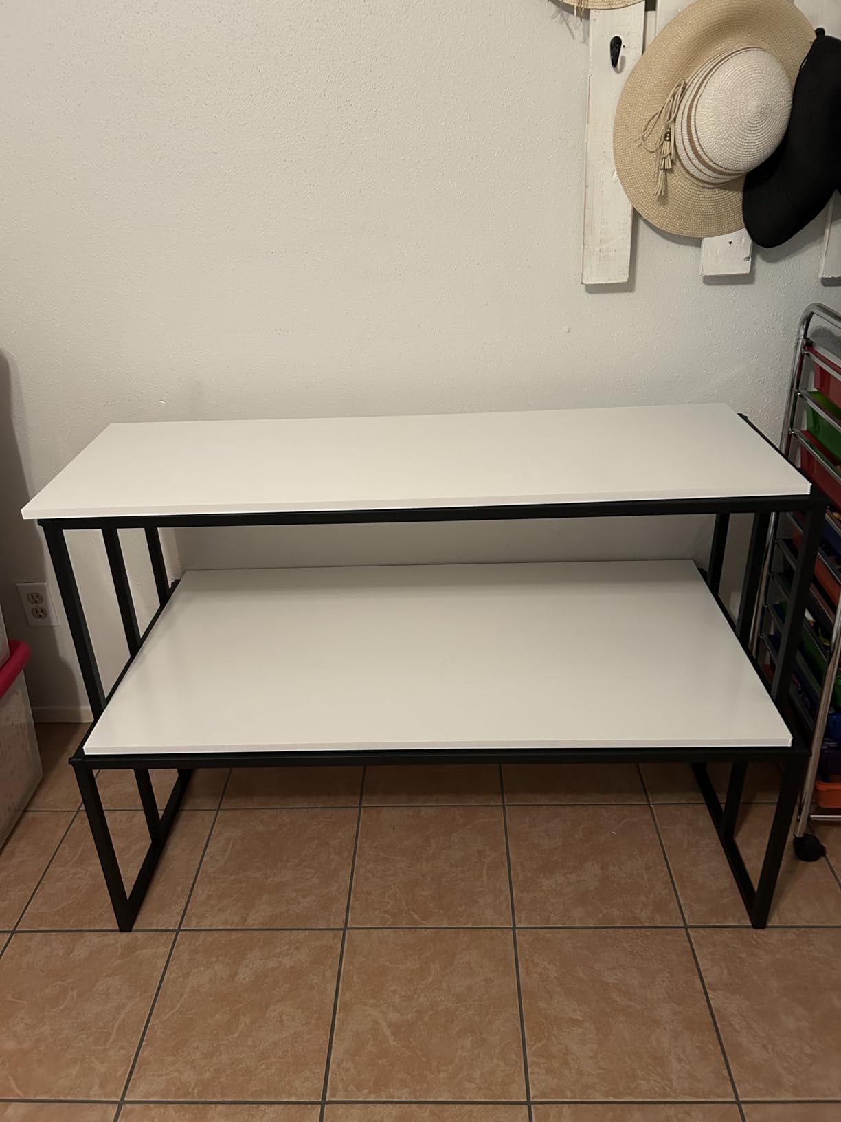2 Tier Retail Display Table for Shoes & Handbags, Gold Metal and Wood Boutique Display Stand, Heavy Duty Display Riser Shelf for Clothing Stores, Vendor Events, Showroom & Home, 45.2