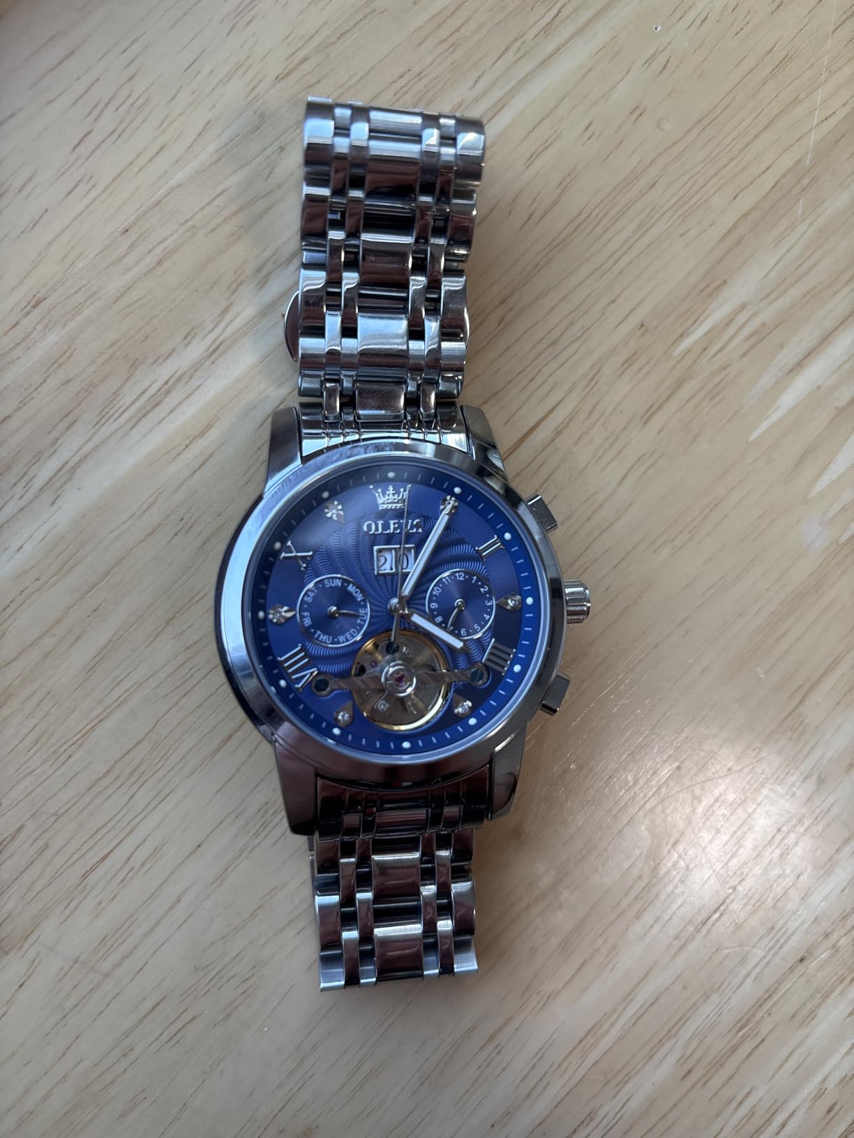 OLEVS Men Automatic Watch Skeleton 5 Hands Mechanical Classic Luxury Multi Calendar Stainless Steel Waterproof Wrist Watch for Men customer photo 2