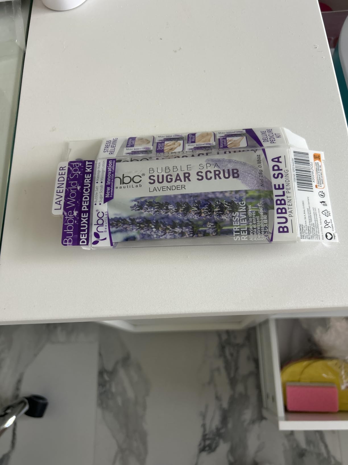 Pedicure Kit Foot Soak Set: Bubble Salt, Sugar Scrub, Massage Mask, Massage Lotion in a Box, 4 Step Foot Spa Kit for Dry Feet, Softens Calluses, Tired Feet（3 Set Lavender) customer photo 1