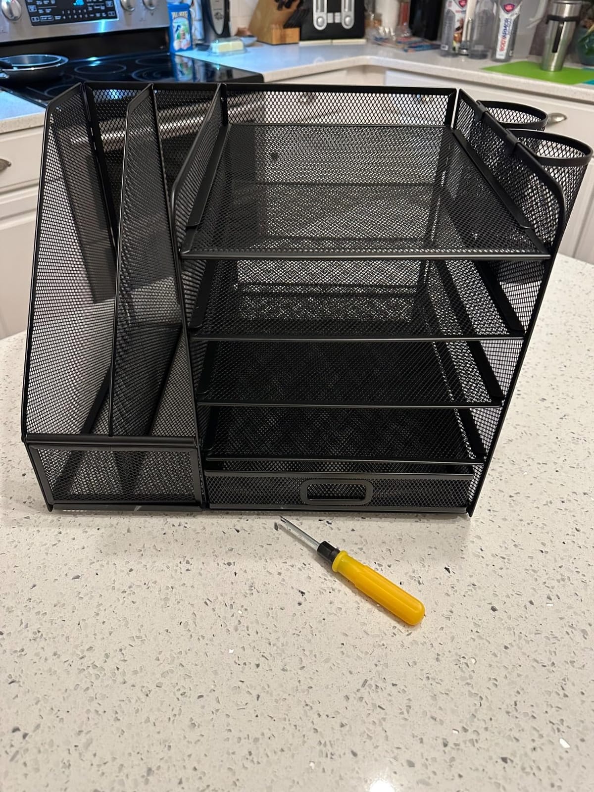 Marbrasse Desk Organizer with File Holder, 5-Tier Paper Letter Tray Organizer with Drawer and 2 Pen Holder, Mesh Desktop Organizer and Storage with Magazine Holder for Office Supplies(Black) customer photo 1