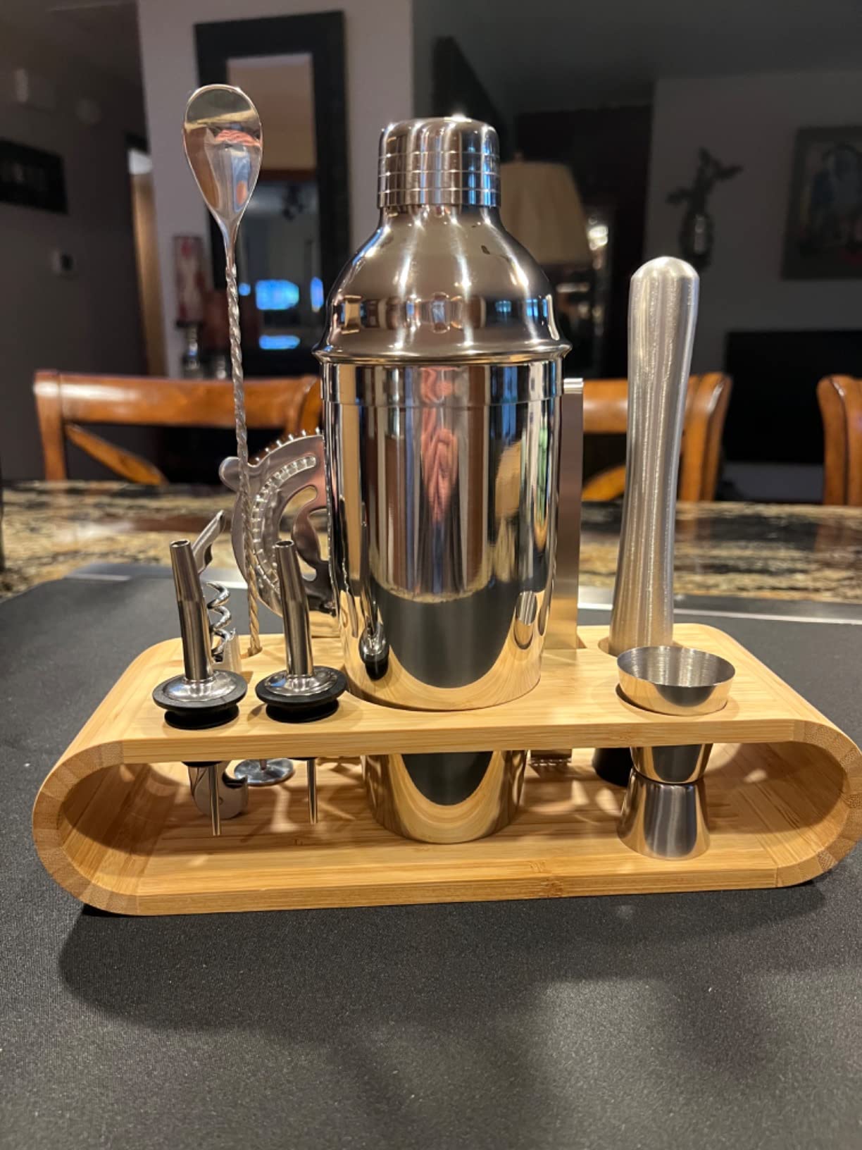Amazon Basics 10-Piece Stainless Steel Cocktail Shaker Bar Tool Set with Bamboo Stand Holder, Home Bar Drink Mixing Accessories, Housewarming Gift customer photo 1