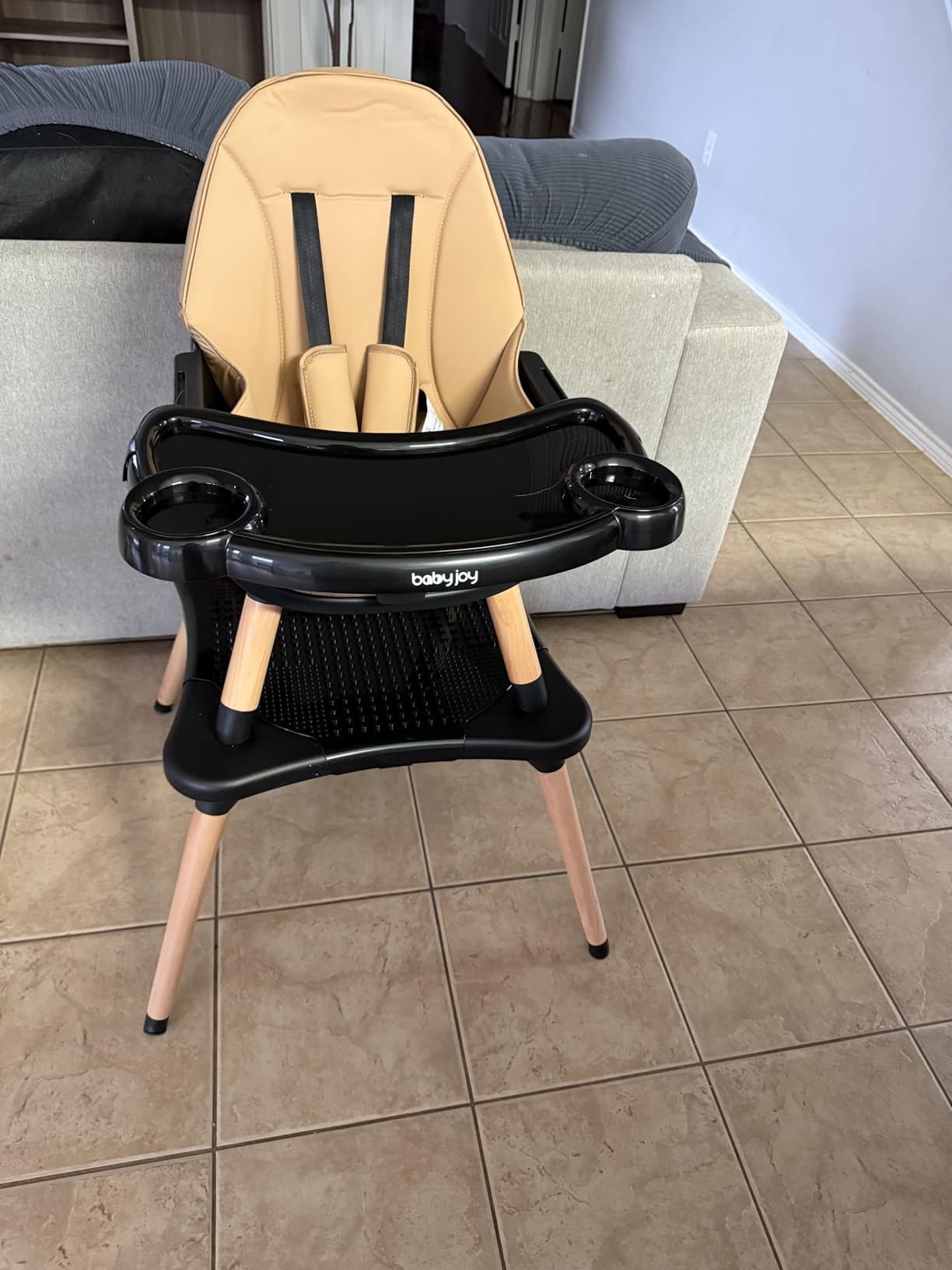 BABY JOY 6 in 1 High Chair, Convertible High Chairs for Babies and Toddlers/Booster Seat/Table and Chair Set, Infant Wooden Highchair w/ 5-Point Harness, 4-Position Removable Tray & PU Cushion, Coffee customer photo 1