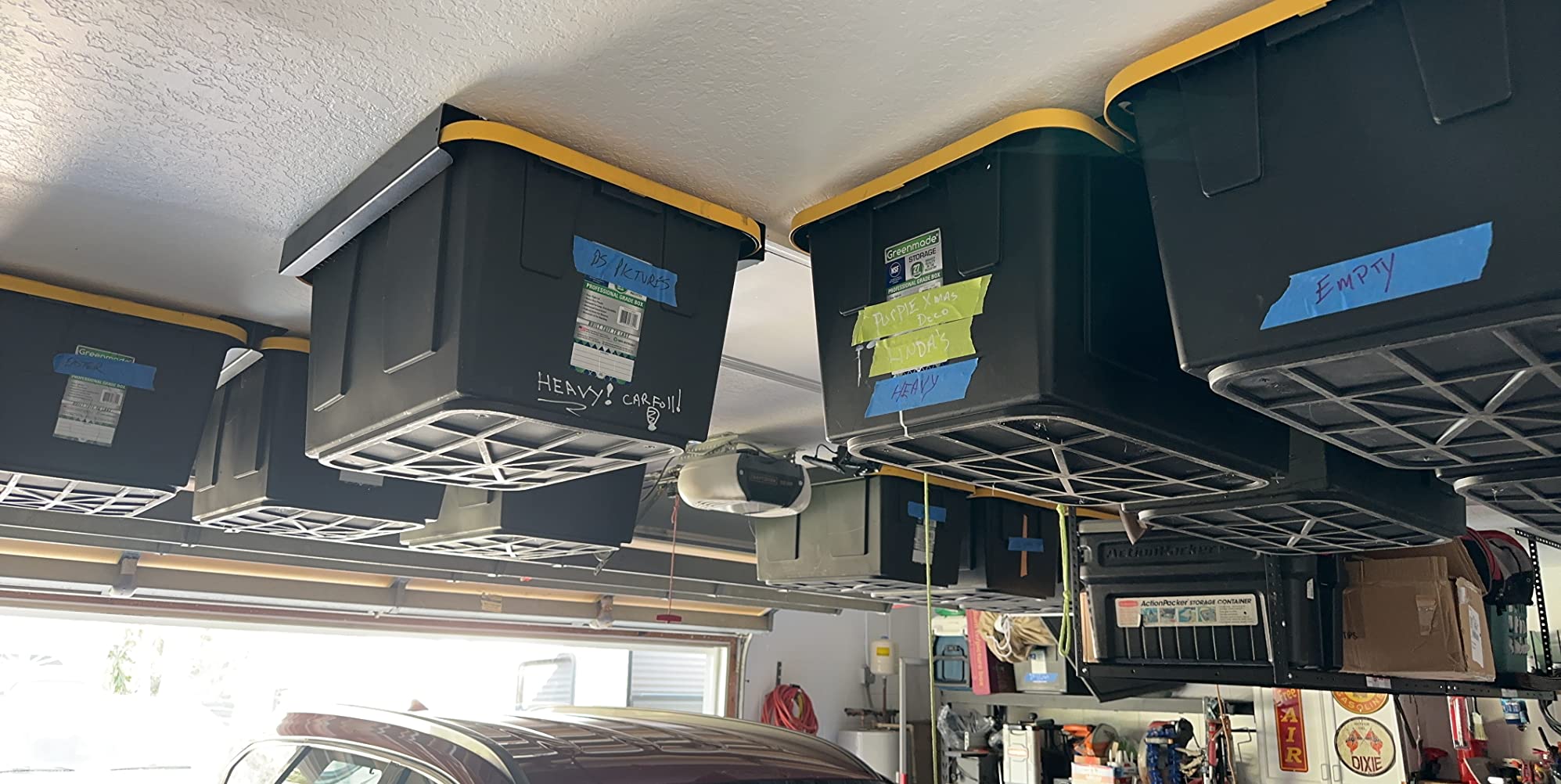 Koova Heavy-Duty Overhead Garage Storage Rack for 4 Bins. Adjustable Width, 160lb Capacity. DIY Safe Ceiling Mount, Easy Install. Fits 27-Gallon Totes. USA Made Pro-Grade Steel. Space Saving Organizer customer photo 2