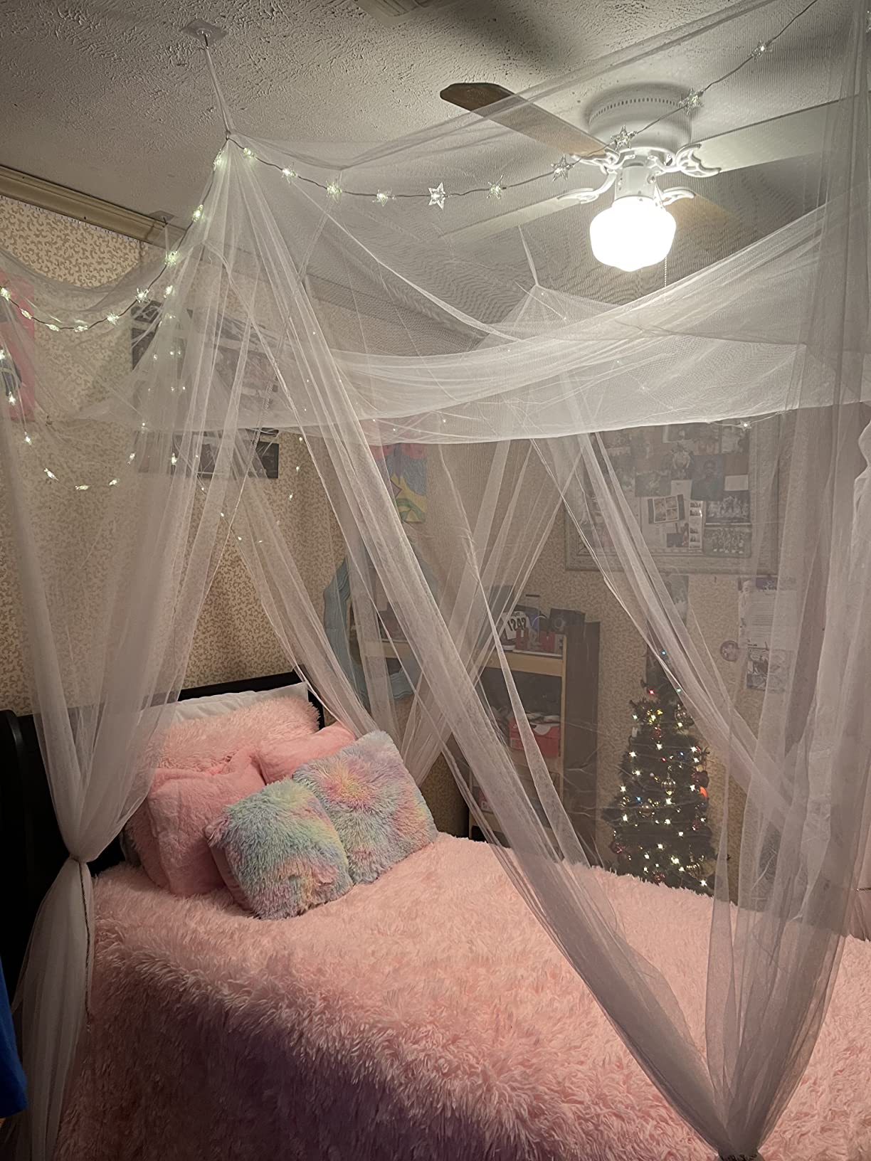 Obrecis White Bed Canopy with Lights for Girls Bedroom Decor, 8 Corner Princess Canopy Bed Curtains with Warm White LED Star Lights Remote, Fits Twin Full Queen King Size Bed customer photo 1