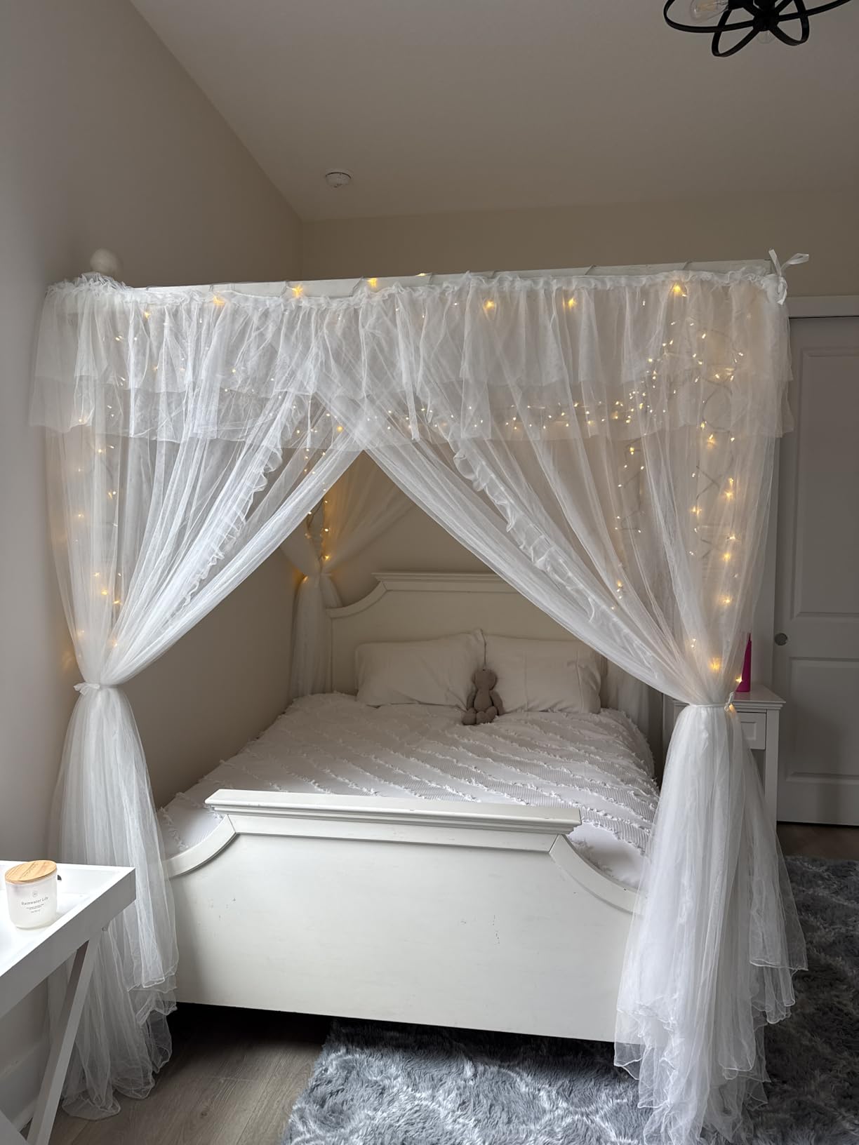 VETHIN 4 Corners Post Ruffle Princess Bed Canopy Curtain-Double Layer Cozy Drape Netting 4 Opening Mosquito Net for Girls Adults Bedroom Decoration (White/White, 53