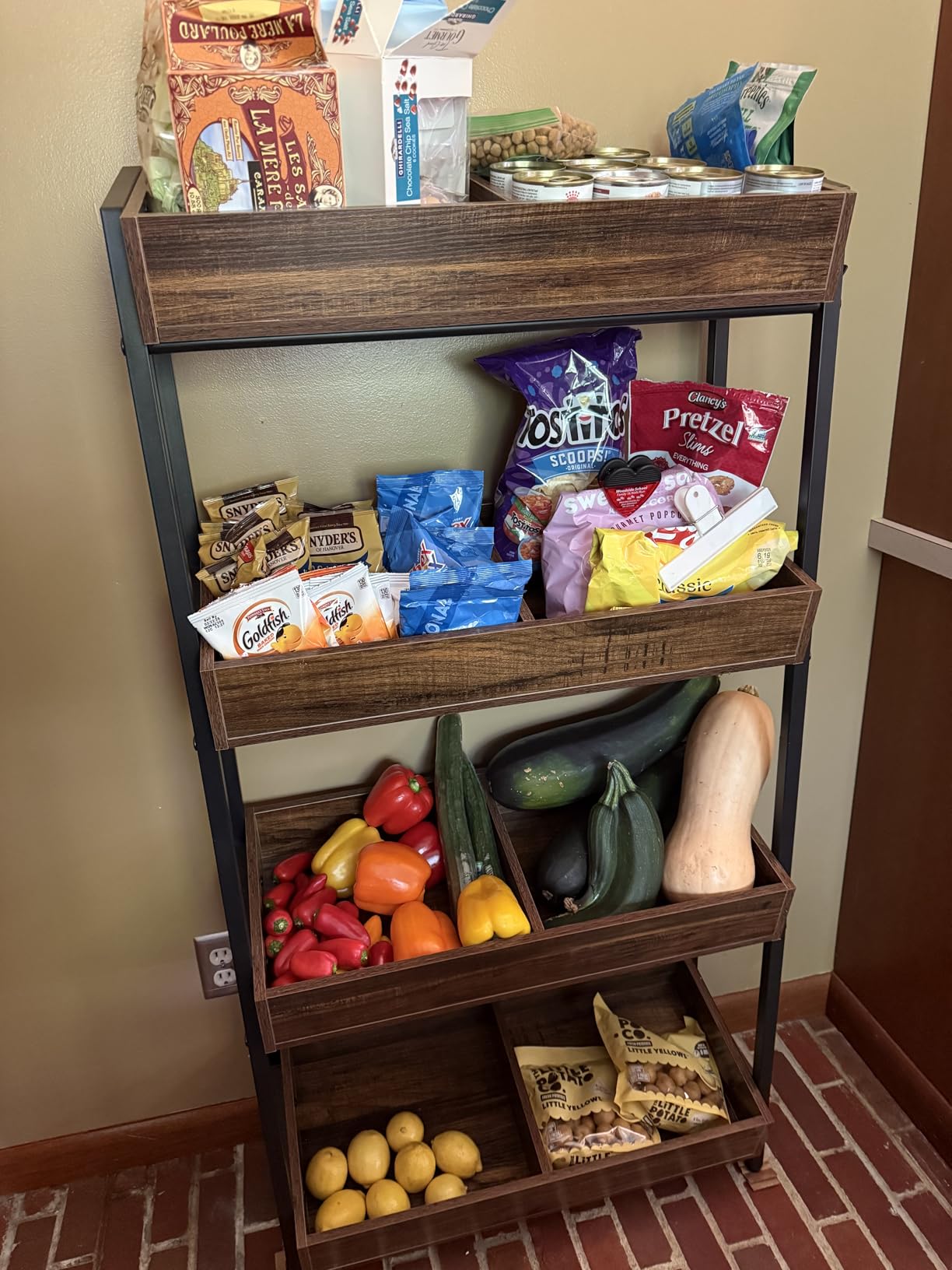 Tribesigns Wood Fruit and Vegetable Basket Stand Rack for Kitchen, Office, Store, Supremarket, Pantry Shelf Unit for Snacks, 4-Tier Wooden Utility Storage Shelves (1, Brown+Black) customer photo 1