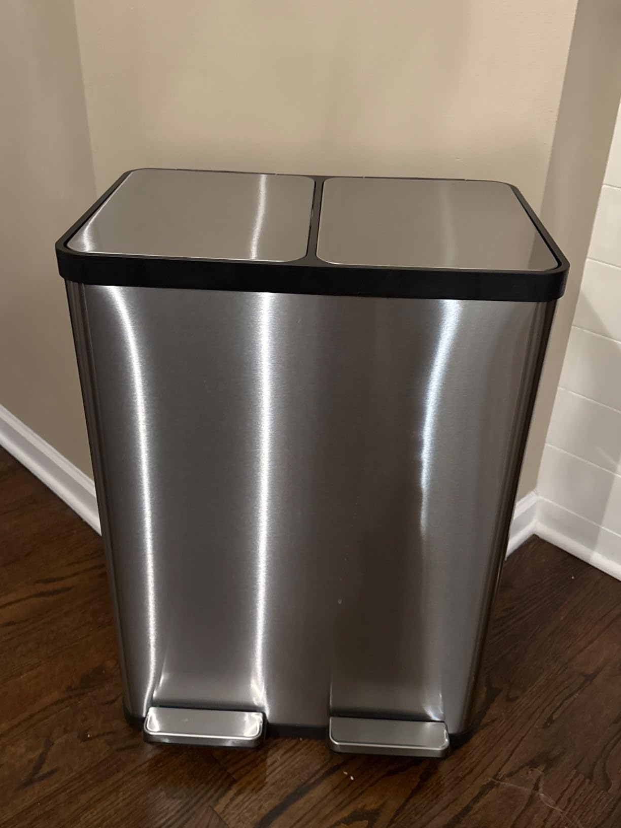 SIMPLI-MAGIC 60 Liter / 16 Gallon Rectangular Hands-Free Dual Compartment Recycling Kitchen Step Trash Can with Soft-Close Lid, Brushed Stainless Steel customer photo 1