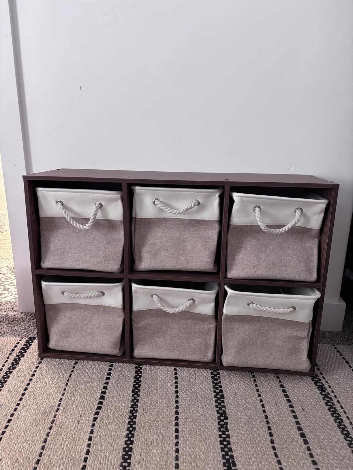MidmmVick 11 x 11 Inch Cube Storage Bins, 6 Pack Large Collapsible Fabric Storage Bin with Ropes, Foldable Storage Cubes for Home, Office, Closet, Clothes, Toys Organizer (White & Beige-11
