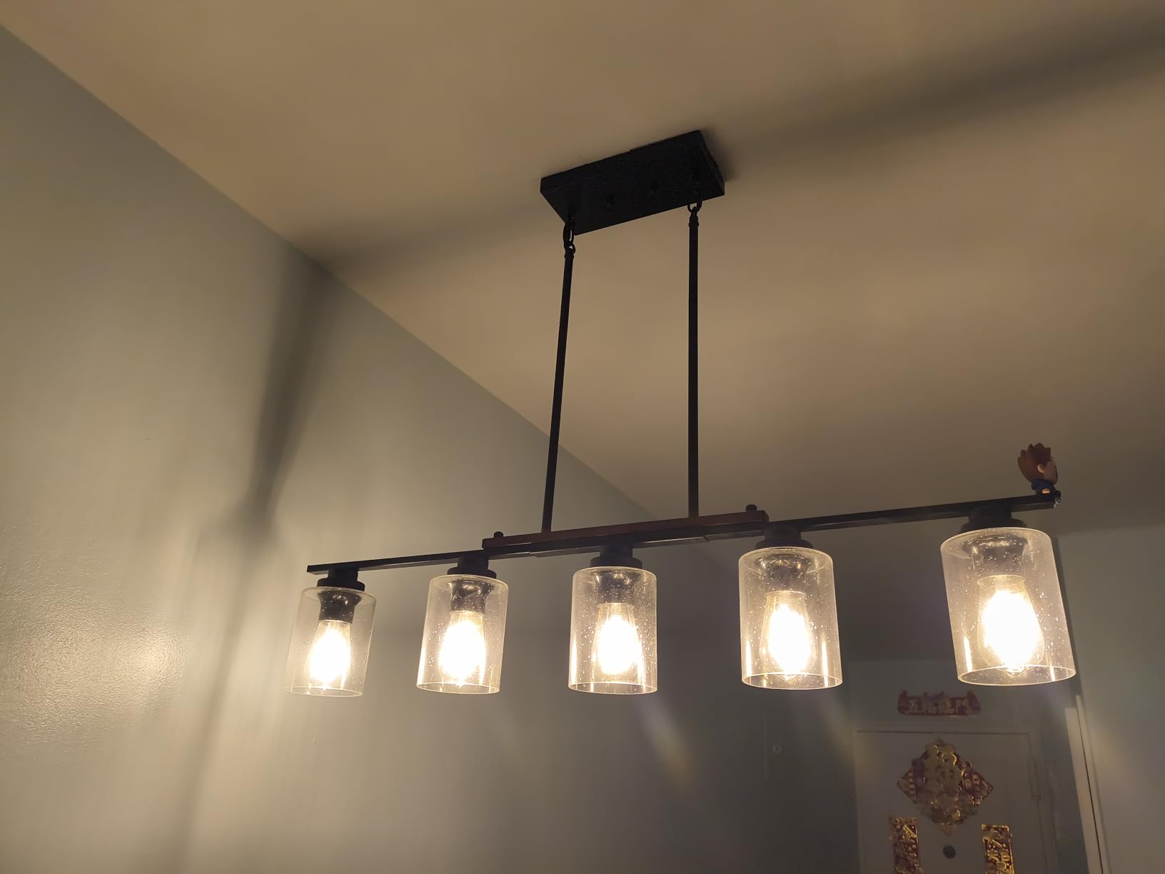 Amico 5-Light Dining Room Light Fixture, Seeded Glass Island Chandelier | Farmhouse Adjustable Rods Black Metal & Wood, Kitchen Island Pendant Light, Dining Room, Bubble Glass Shade customer photo 1