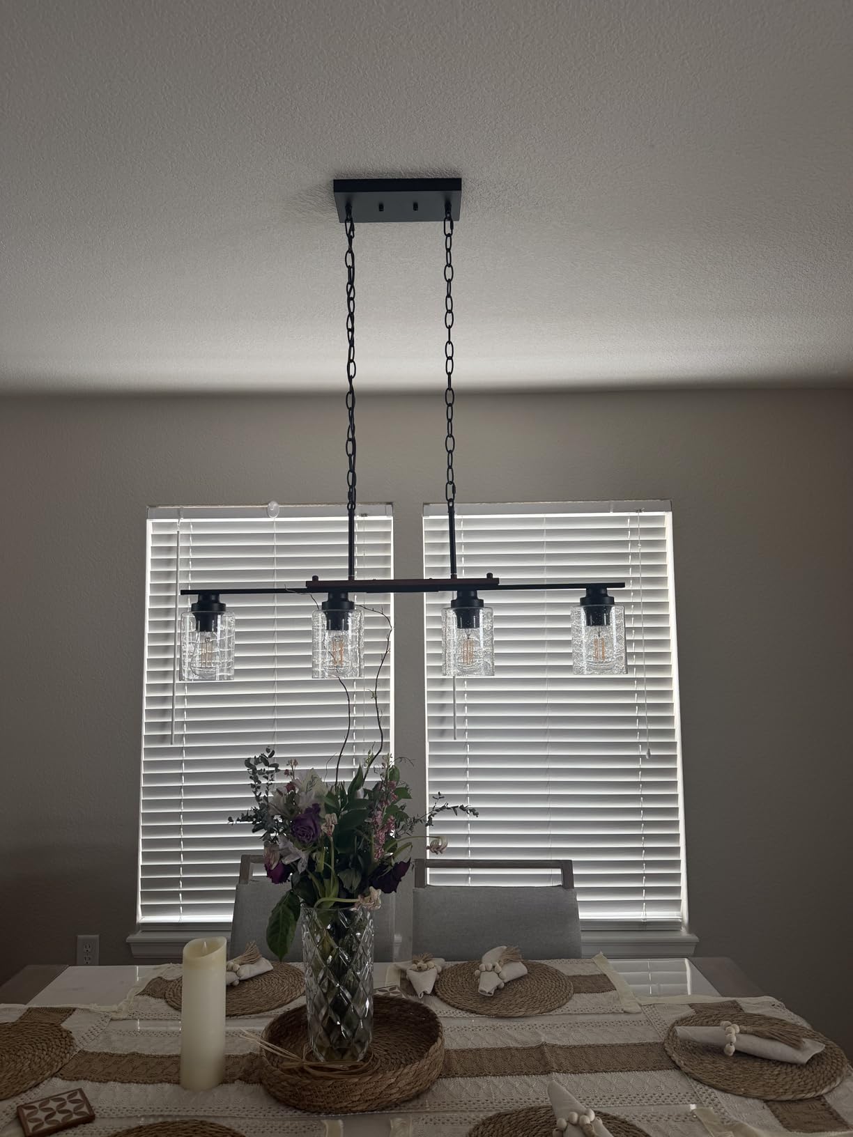 Amico 5-Light Dining Room Light Fixture, Seeded Glass Island Chandelier | Farmhouse Adjustable Rods Black Metal & Wood, Kitchen Island Pendant Light, Dining Room, Bubble Glass Shade customer photo 2