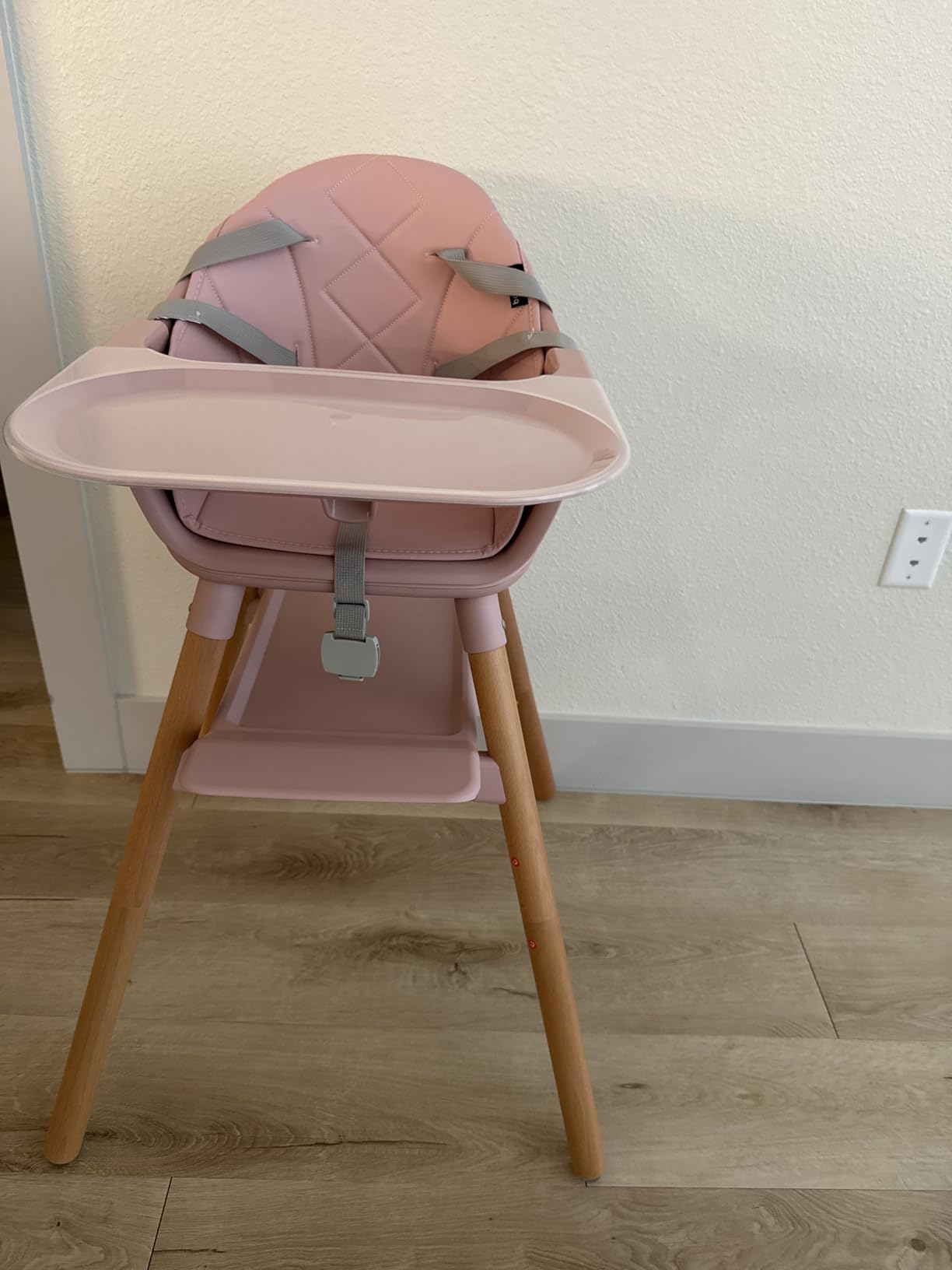 BABY JOY Baby High Chair, 6 in 1 Convertible Wooden High Chair for Babies & Toddlers with Adjustable Legs, Double Removable Tray, Safety Harness & Waterproof PU Cushion (Pink) customer photo 1