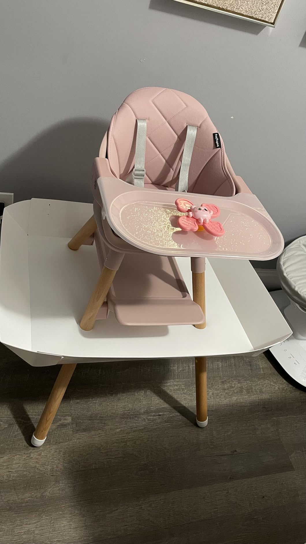 BABY JOY Baby High Chair, 6 in 1 Convertible Wooden High Chair for Babies & Toddlers with Adjustable Legs, Double Removable Tray, Safety Harness & Waterproof PU Cushion (Pink) customer photo 2