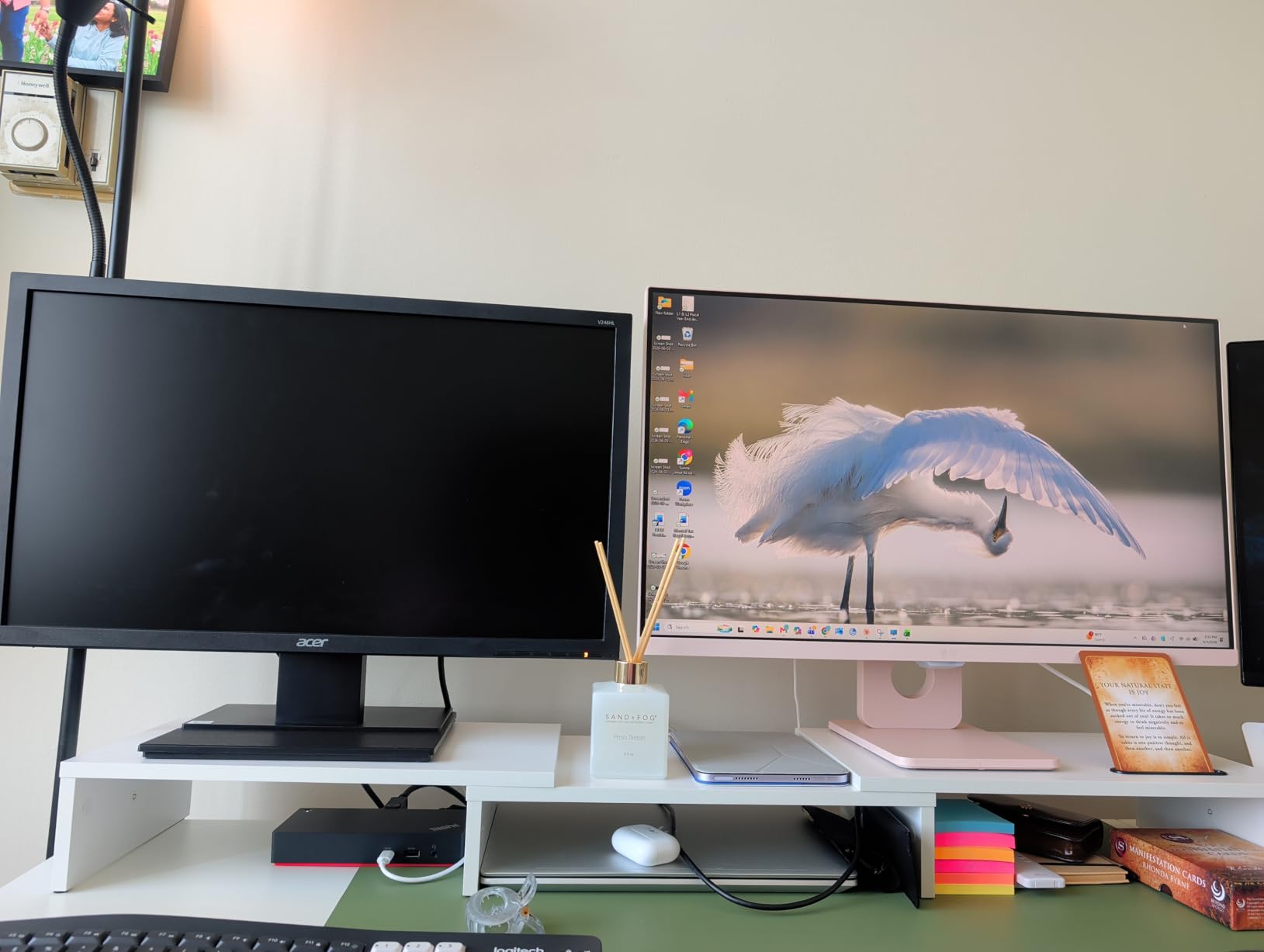 BONTEC Dual Monitor Stand Riser, Adjustable Length & Swivel Angle, White | Ergonomic Wooden Desktop Organizer with Smartphone Holder, Computer Monitor Stand for PC, Laptop, Printer and Large Storage customer photo 2