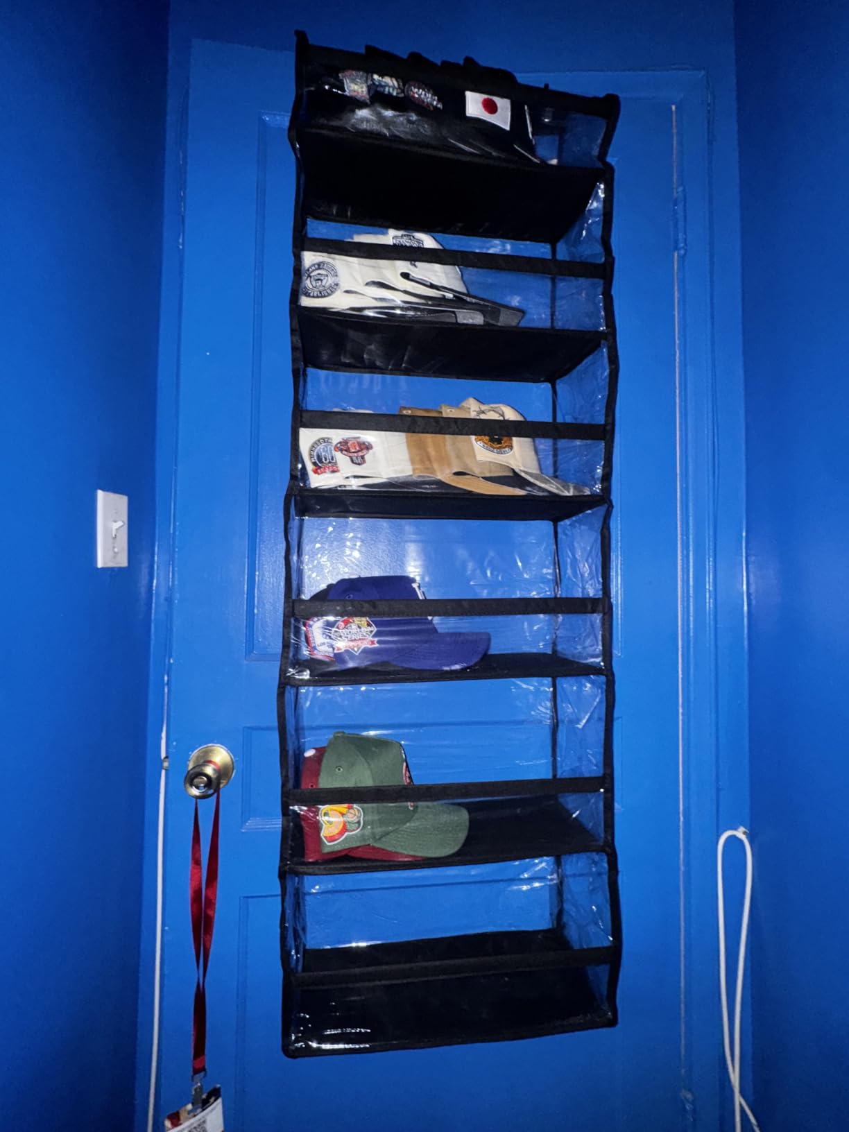 AOODA Clear Over The Door Hat Racks for Baseball Caps, Large Holds up to 72 Caps Hat Storage Organizer for Closet Wall, Deep Pockets Hanging Hat Holder with 3 Hooks, Black customer photo 2