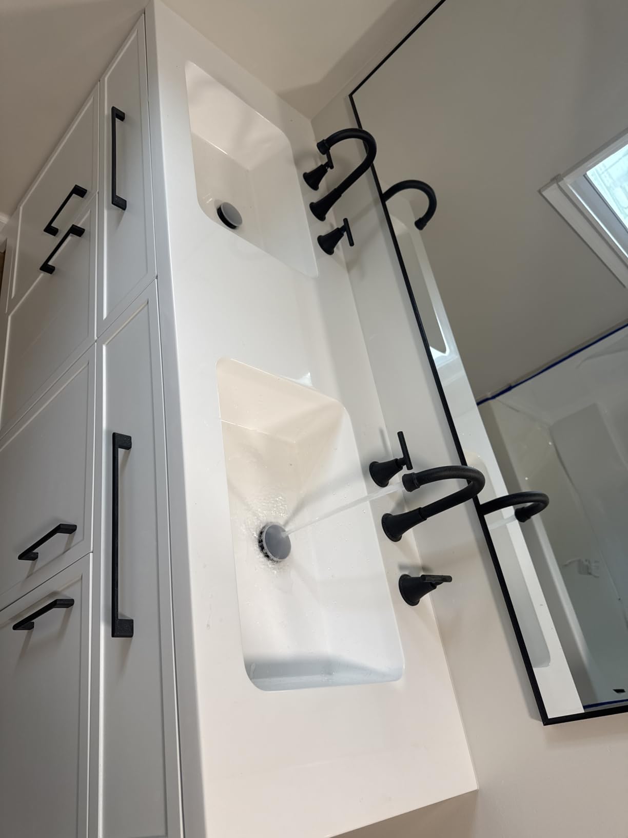 Hurran Bathroom Faucet 3 Hole, Matte Black Faucets with Drain and Supply Lines, Stainless Steel Lead-Free Widespread Bathroom Sink Faucet customer photo 2