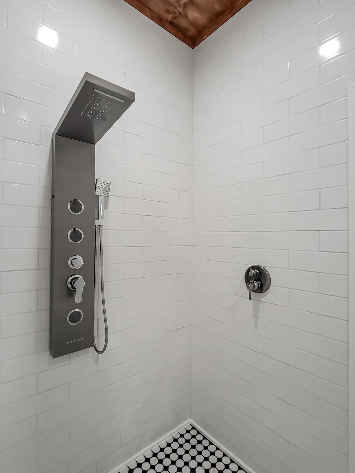 LED Shower Panel System with Massage Jets Stainless Steel Black | 5-in-1 Shower tower: rainfall/waterfall shower, 3 adjustable massage jets, handheld, tub spout, battery-powered LED lights customer photo 1
