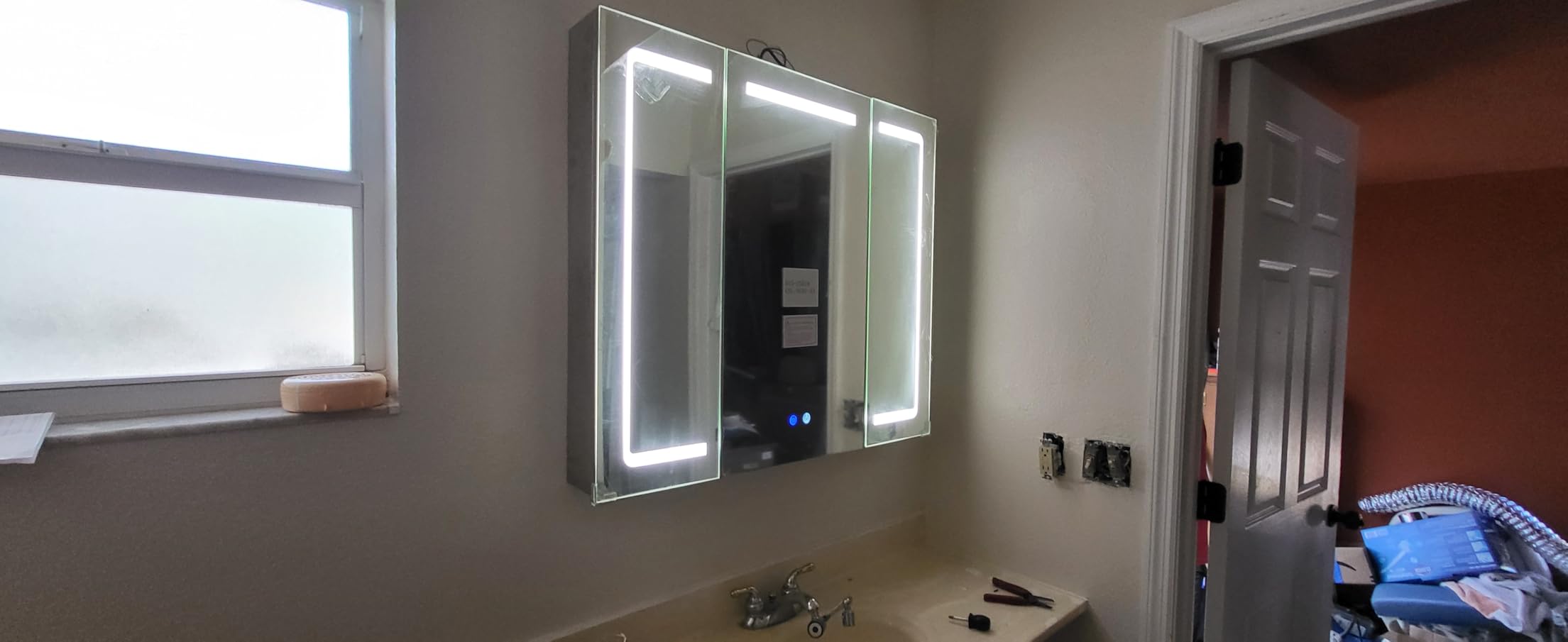 Stainless Steel LED Medicine Cabinet,Bathroom Mirror Cabinet with Light,3 Color,Dimmable,Equipped with Defogger,USB Shavor Socket,Internal Light,36×32 Inch customer photo 1