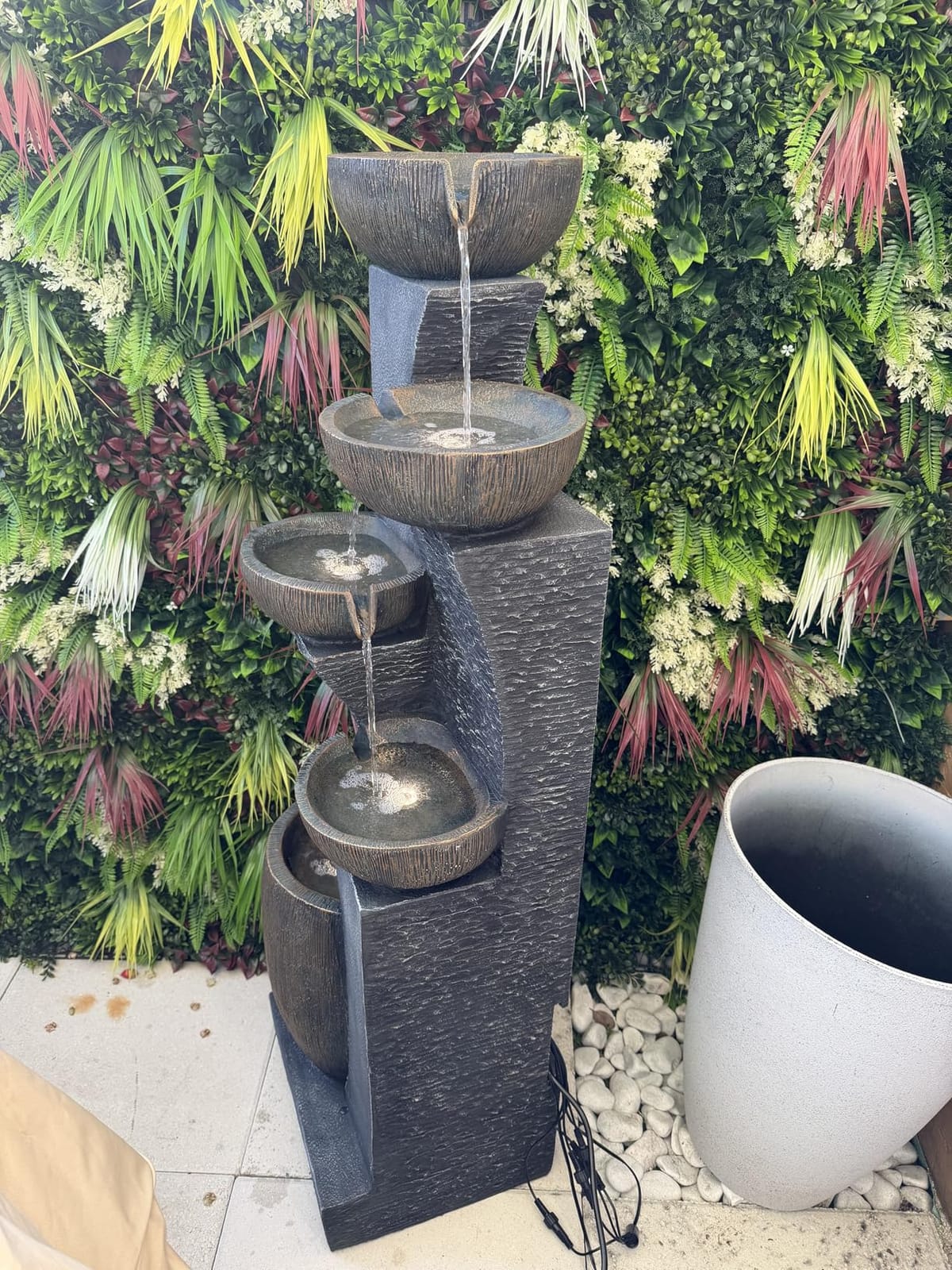 Bumilgar Tall Outdoor Water Fountain 51.4 in Waterfall 5-Bowl with Warm LED Glow, Natural Stone-Look Resin customer photo 1