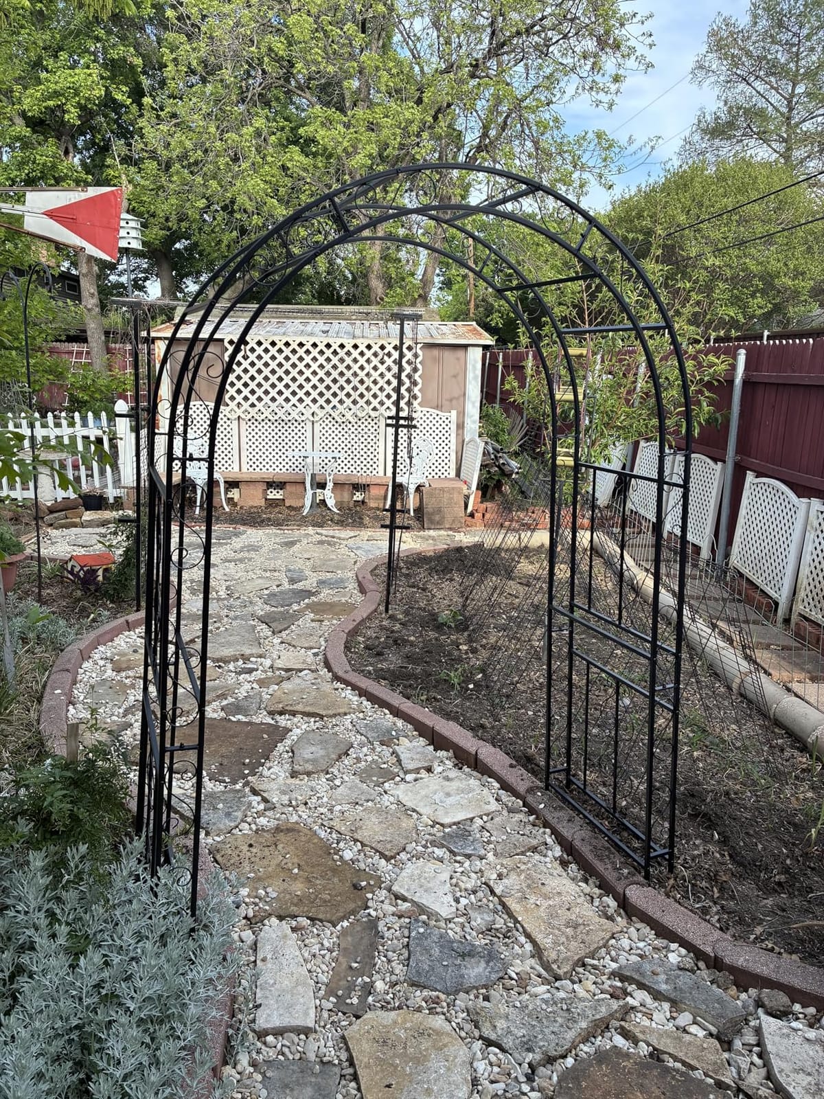 Outvita 7FT Black Metal Garden Arch Arbor with Gate | Heavy duty trellis archway with ground stakes, for climbing roses, patio, wedding & party decor customer photo 2