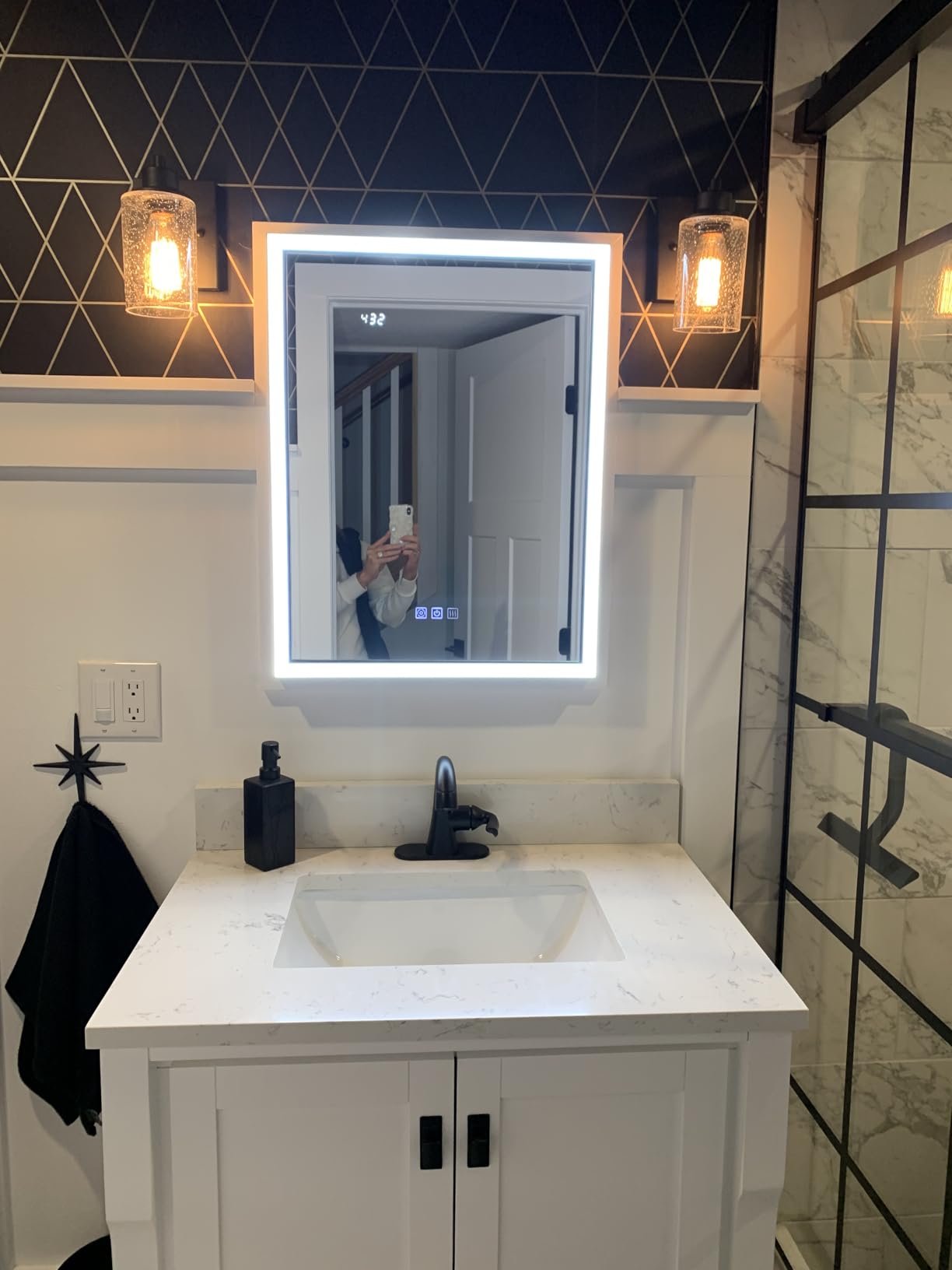LED Medicine Cabinet with Mirror, 24x32 Surface or Recessed Lighted Medicine Cabinet with Mirror, Dimmable Fogless Aluminum Medicine Cabinet with Outlet, Time Display & Built-in Sensing Light customer photo 1