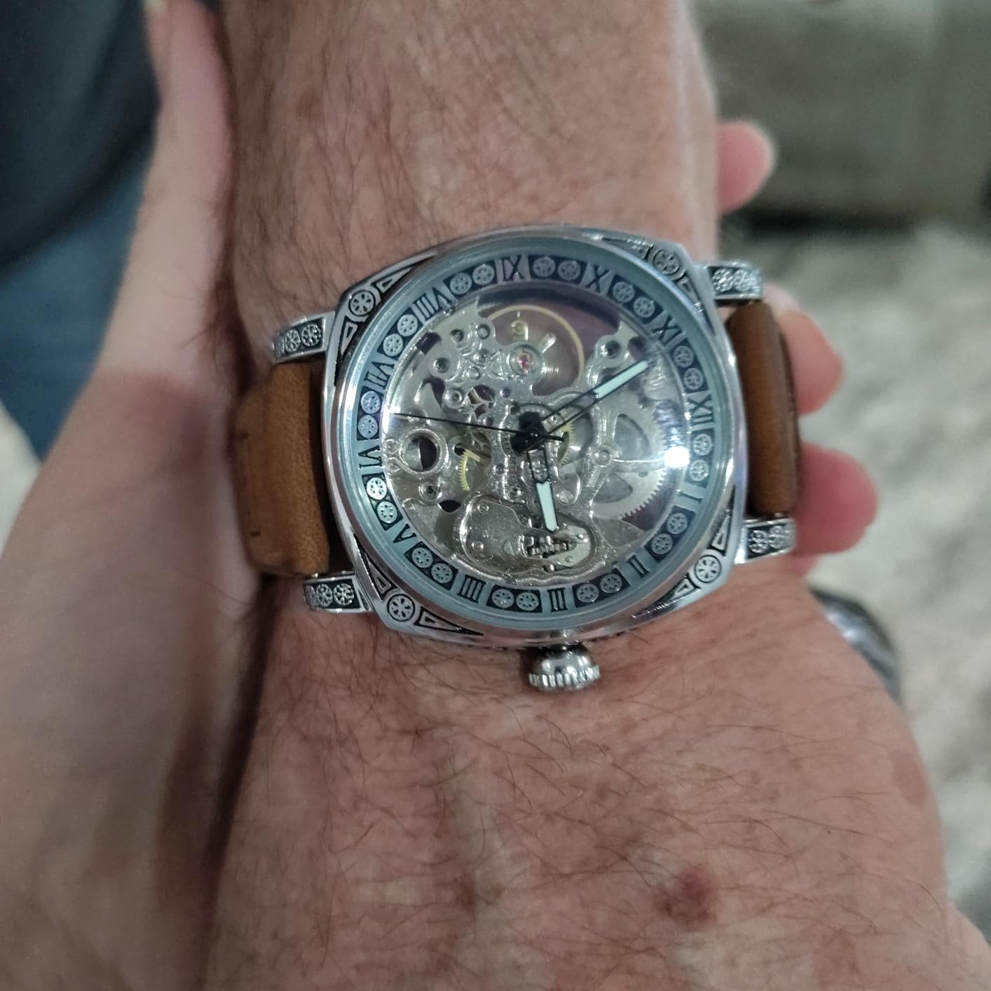 FORSINING Watches for Man, Square Retro Mechanical Watch Self-Wind Carved, Skeleton Automatic Watches Vintage Leather Strap Wristwatch customer photo 1