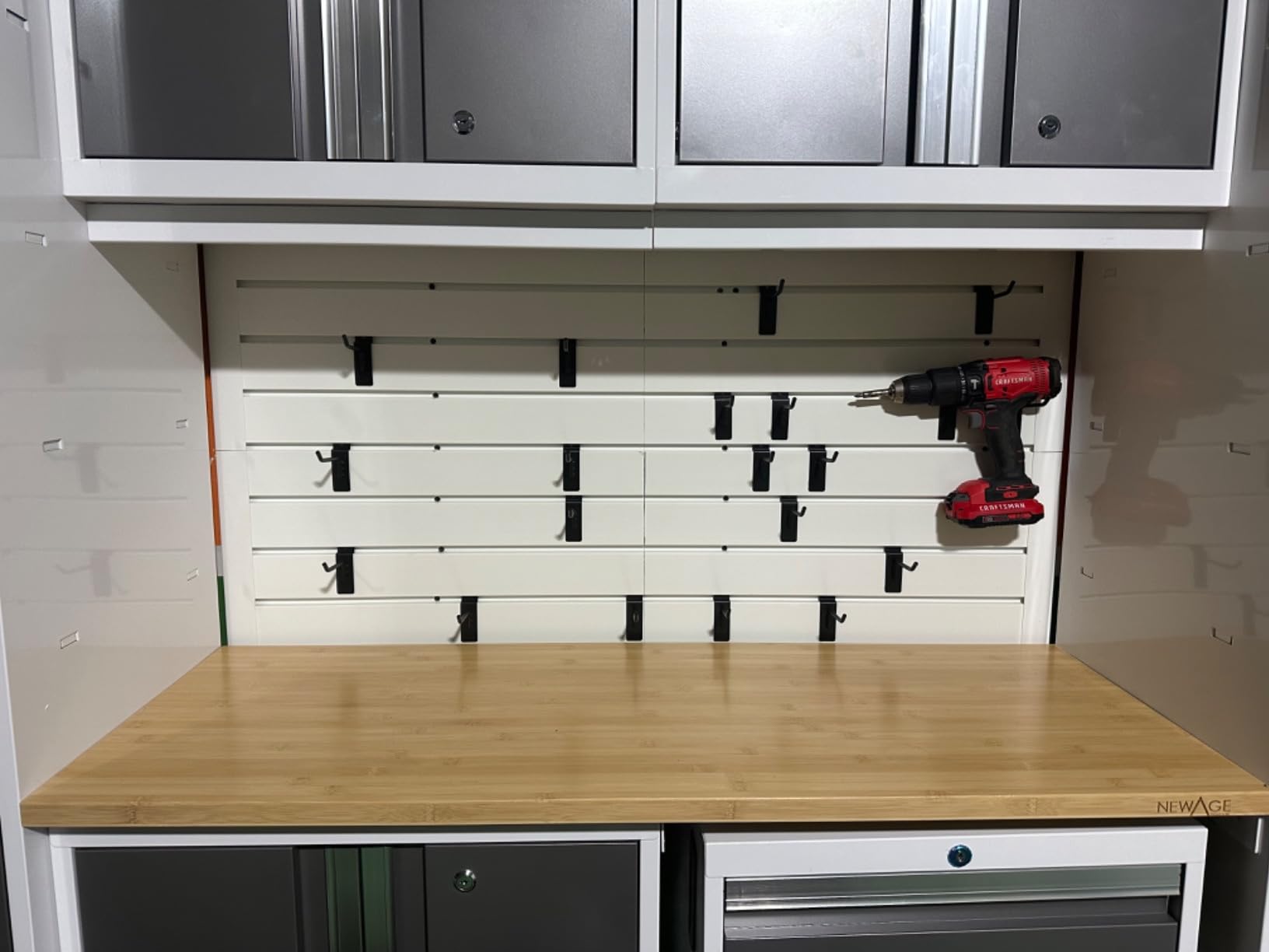 RELIANCER PVC Slat Wall Panels,4ft by 8ft (32 sqft) Garage Wall Organizer Storage System,Interlocking Slatwall Paneling Sheets,Workshop Slatwall Shelves Tools Organization,Wall Mounted Storage Rack customer photo 1