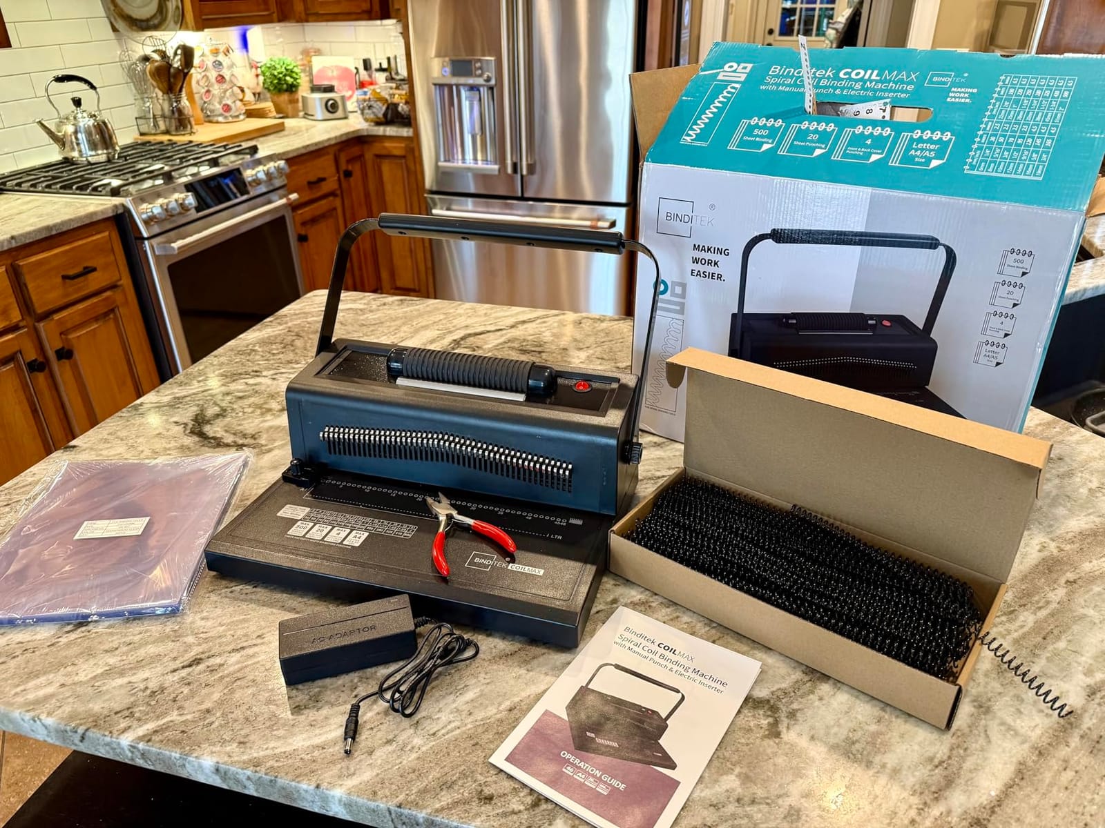 Binditek Spiral Binding Machine, 4:1 Pitch, 20-Sheet Punch, with Bonus Kit | 46 Disengageable Pins, Electric Coil Inserter, Adjustable Side Margin, with 100 8Mil PVC Covers, 100 5/16 in Coils and Pliers customer photo 1