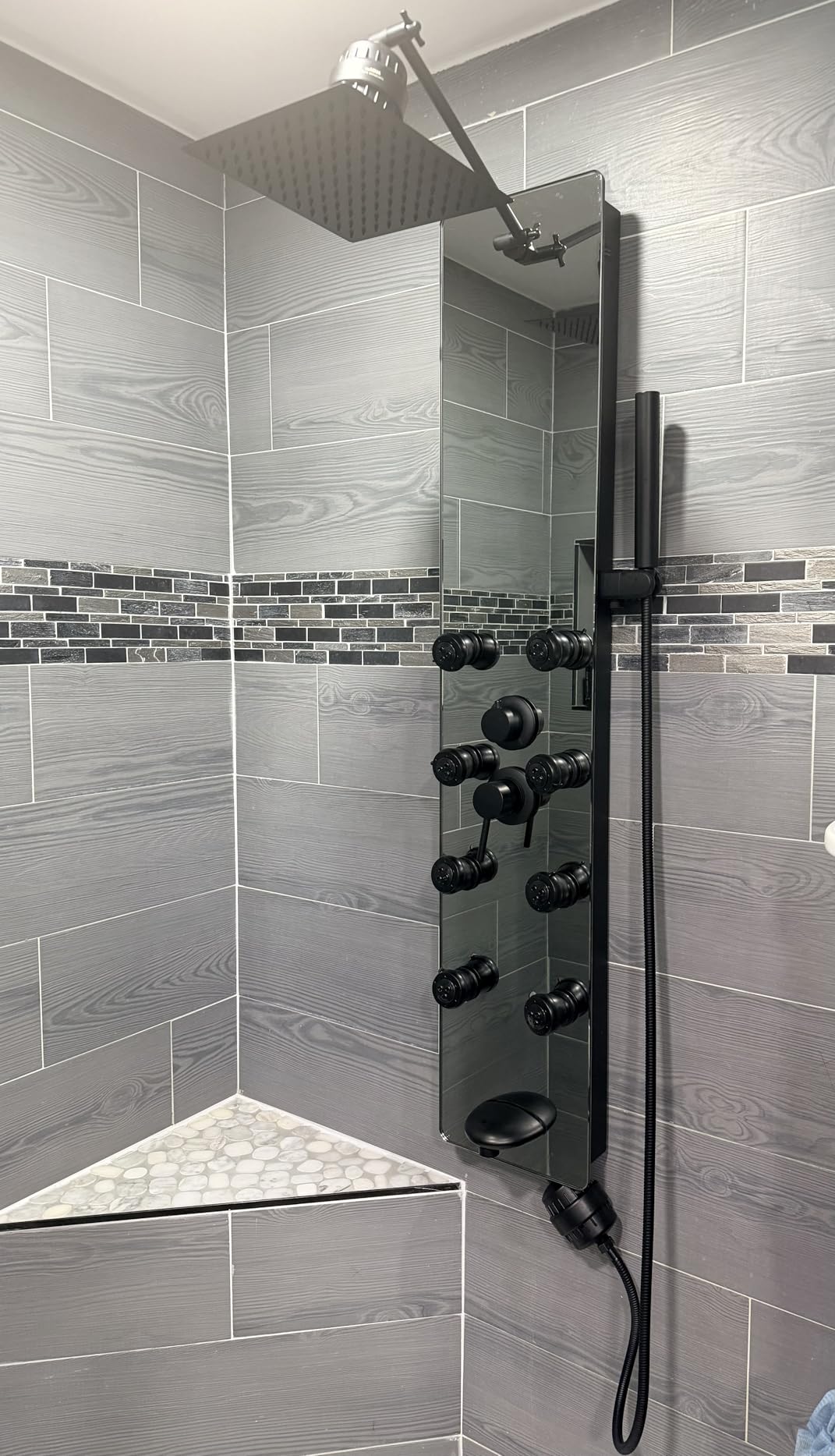 BWE Stainless Steel Shower Panel Tower System Black Split Type | Multi-Function Tempered Glass Shower Panel Rainfall Shower Head Sprayer 8-Massage Jets with Tub Spout Hand Shower customer photo 1