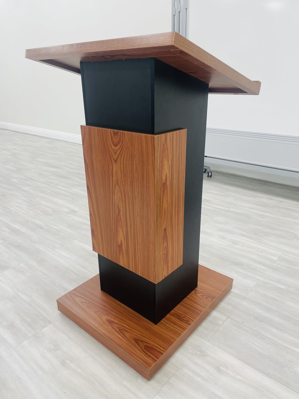 Wood Podium with Wheels,Wooden Lectern Stand,15MM Particle Board,Elegant Design with Storage,Mic Stand Space, Wooden Pulpit for Restaurants,Churches,Seminars and Schools customer photo 2