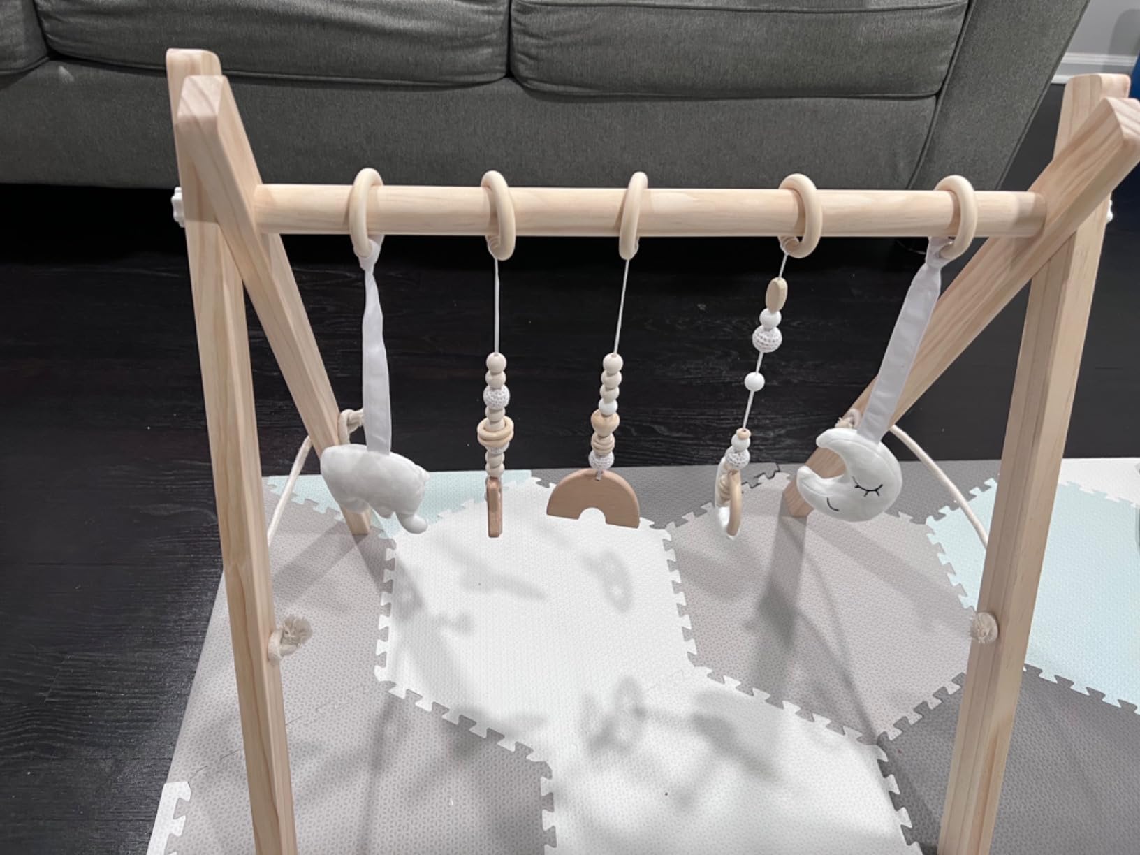 Comfy Cubs Wooden Baby Play Gym - Natural Finish Pinewood Baby Activity Gym with 5 Sensory Hanging Toys - Easy No-Tool Assembly, Safe and Durable for Infant Motor and Visual Development - Natural Wood customer photo 2