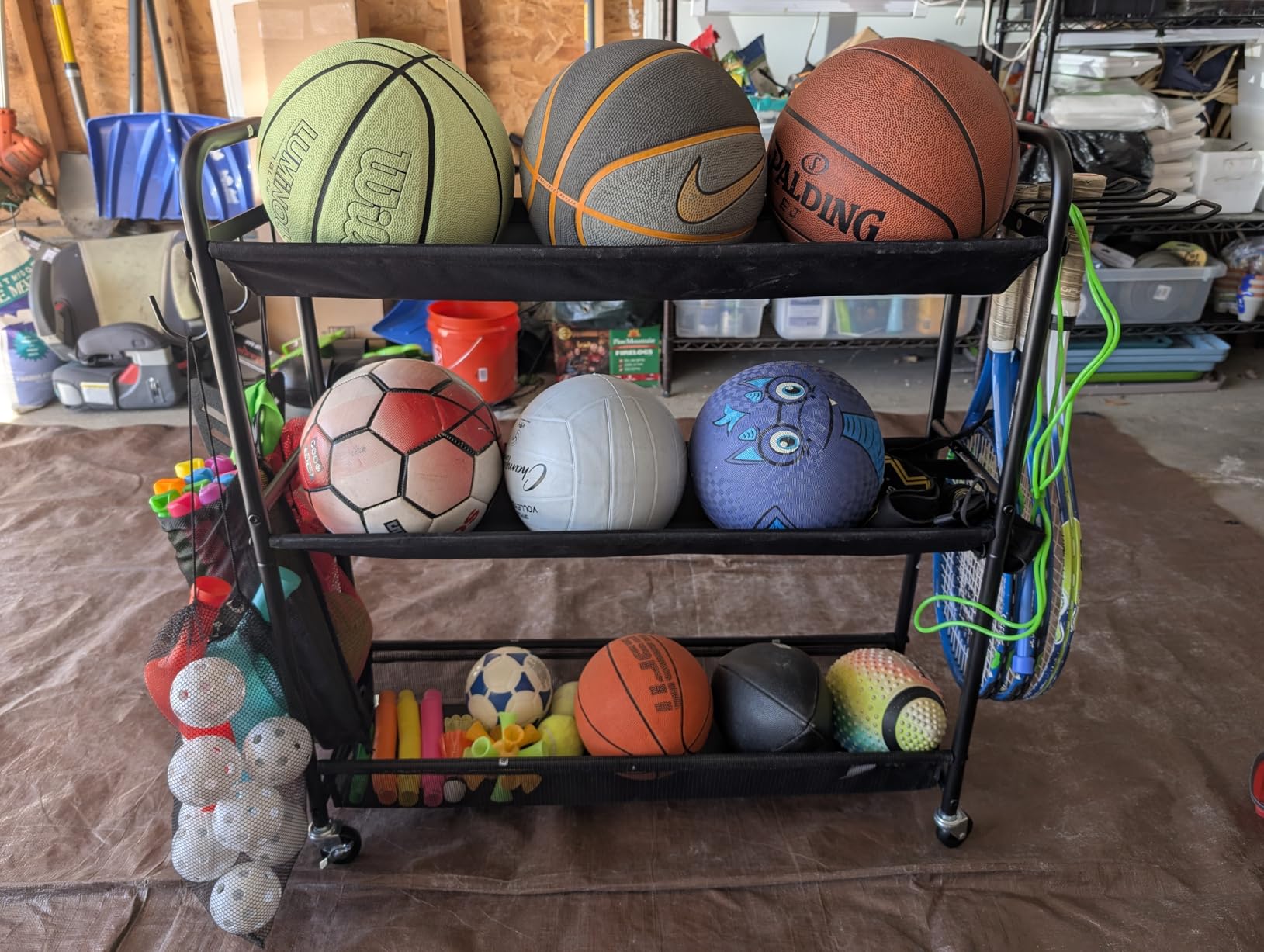 STORAGE MANIAC Basketball Rack 3-Shelf Training Stand with Wheels | Sports Ball Cart with Hooks, Rolling Ball Basket Storage for Garage or Gym, Indoor & Outdoor Sports Equipment Organizer customer photo 2