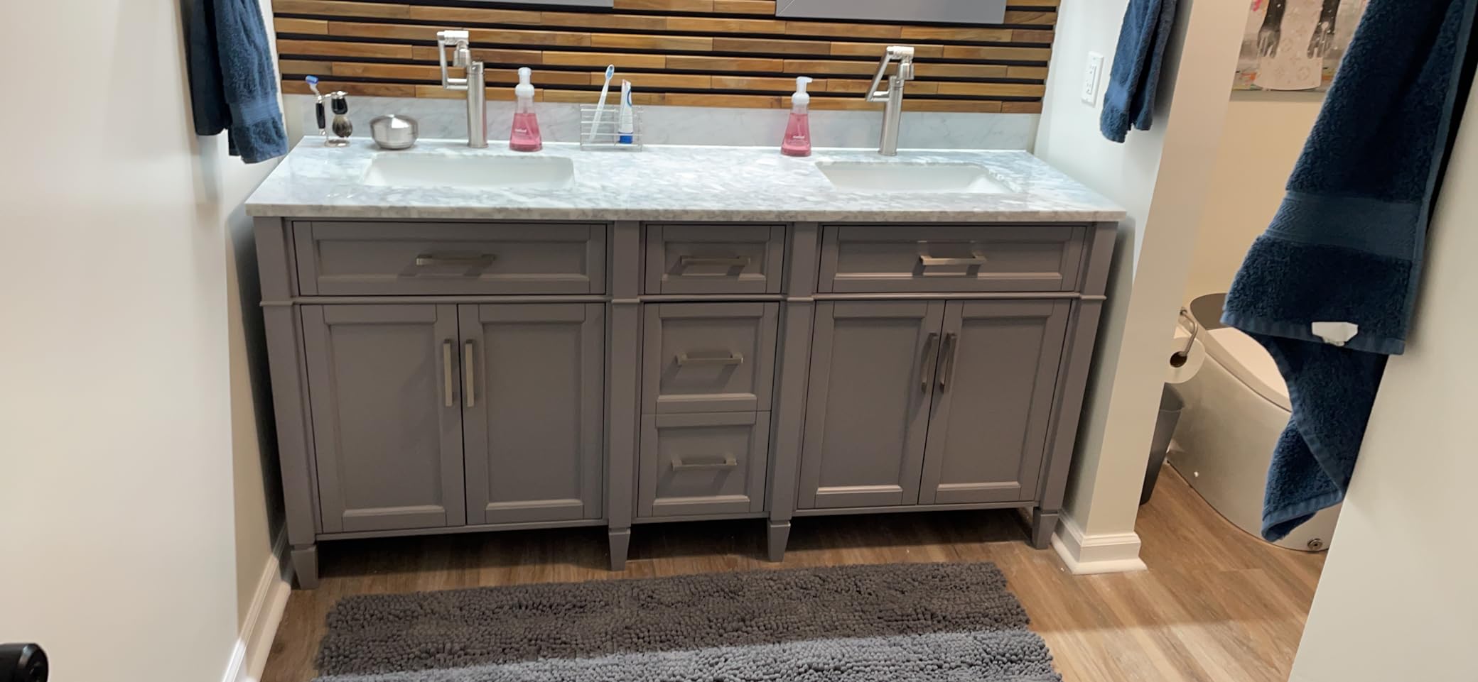 Vanity Art 72 inch Double Sink Bathroom Vanity, Modern Wood Bath Vanity with Carrara Marble Top, Vanity Cabinet with Doors, Removable Shelf, Solid Wood Frame, Tan, VA7072DE customer photo 1