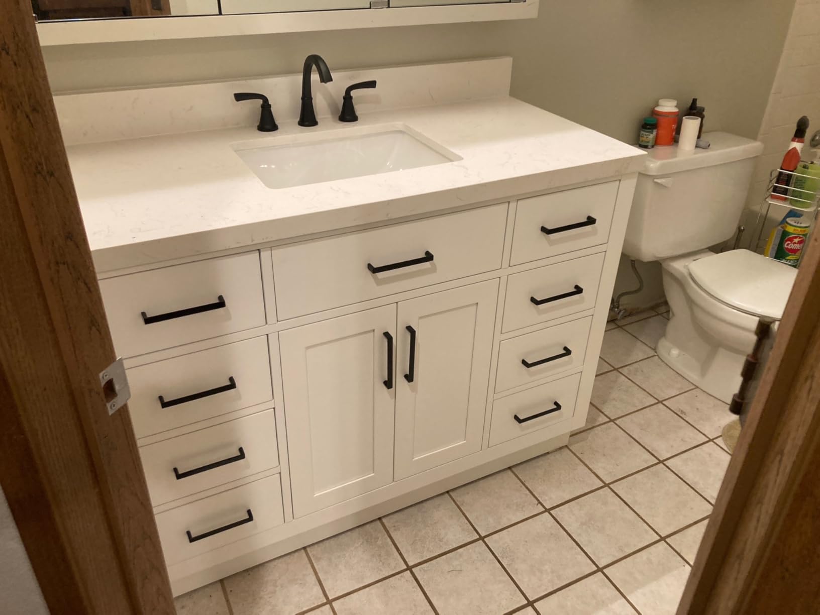 ARIEL Hepburn 60-inch Bathroom Vanity with Sink, Solid Wood, 1.5-inch Carrara White Quartz Countertop & Backsplash, Single Rectangular Porcelain Sink, 2 Soft Closing Doors, 9 Dovetail Drawers, White customer photo 2