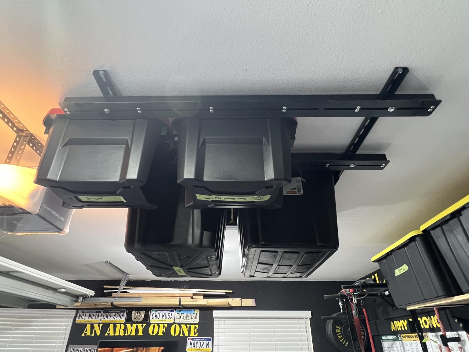 TORACK Garage Ceiling Bin Storage Rack, Overhead Tote Storage Rail System | Heavy Duty, Adjustable, Tote Slide Rails, Garage Bins Storage, Holds 4 27-Gallon Totes, White, Bins are not included customer photo 1