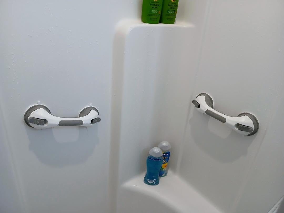 LEVERLOC Grab Bars for Bathtubs and Showers 2 Pack Suction Grab Bar, Heavy Duty 12 Inch Shower Handle Removable Bath Handrails for Seniors and Elderly, Bathroom Safety Grip No Drilling Waterproof Grey customer photo 1