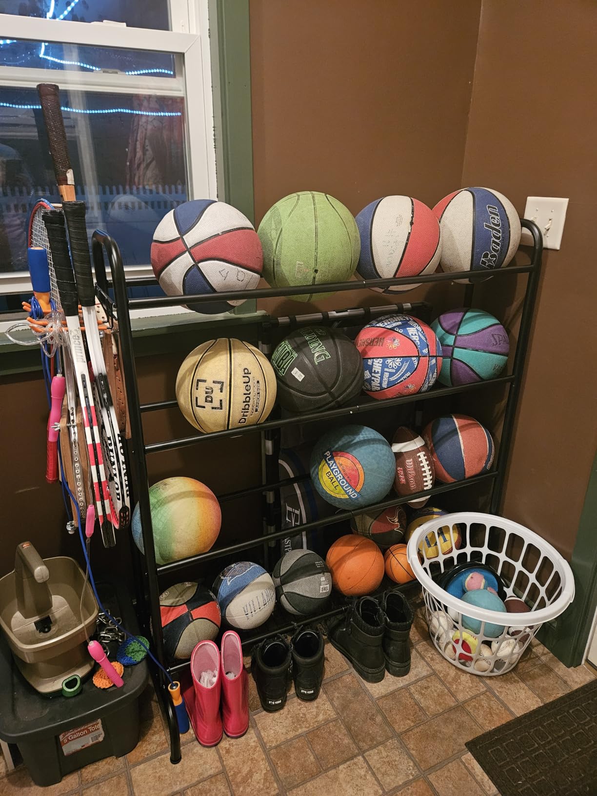 EXTCCT Ball Storage Rack with Wheels for Garage, Sports Equipment Organizer | Heavy duty basketball rack for balls, Rolling Ball cart with hooks, bat holder for garage, indoor and outdoor customer photo 1