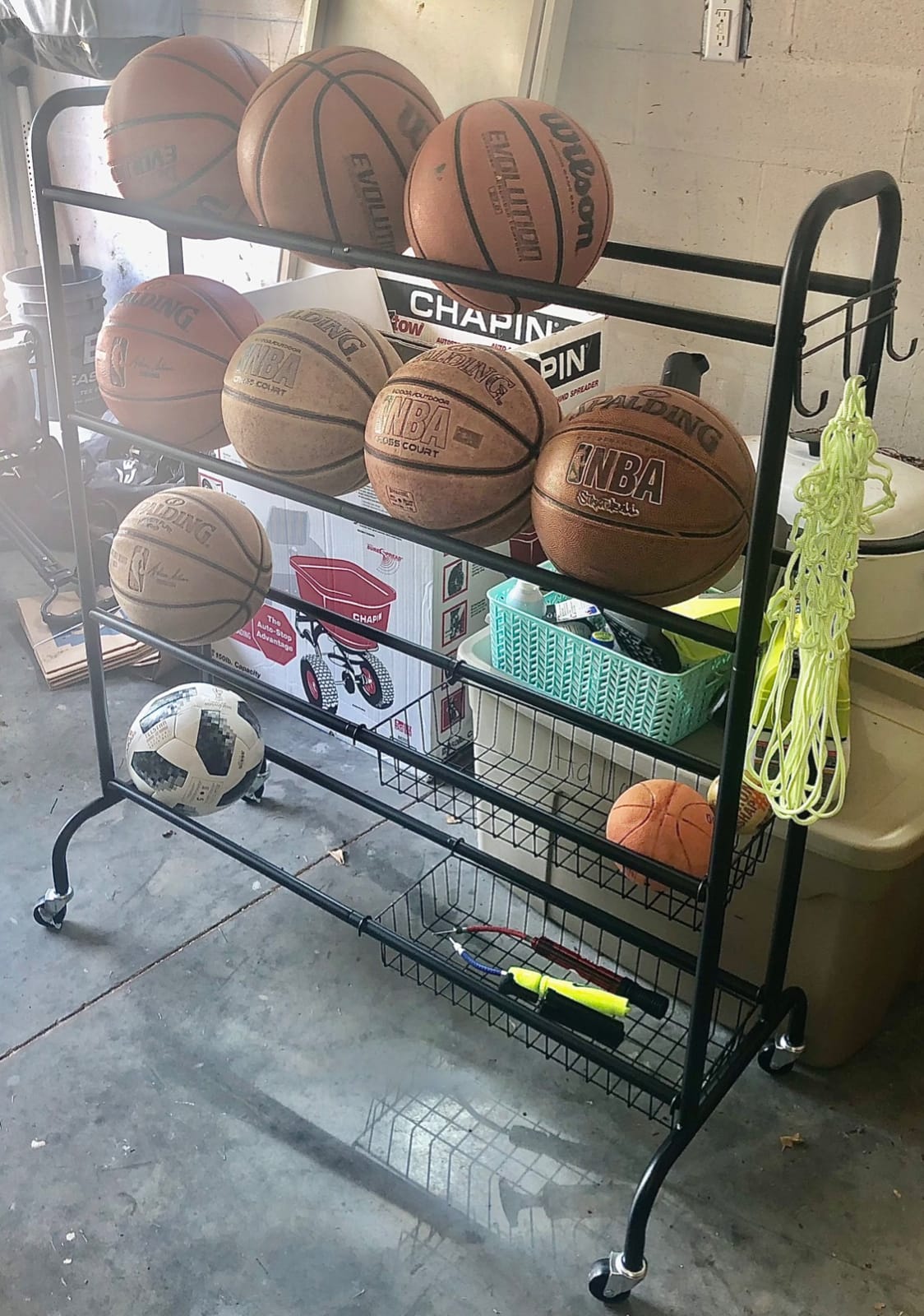 EXTCCT Ball Storage Rack with Wheels for Garage, Sports Equipment Organizer | Heavy duty basketball rack for balls, Rolling Ball cart with hooks, bat holder for garage, indoor and outdoor customer photo 2