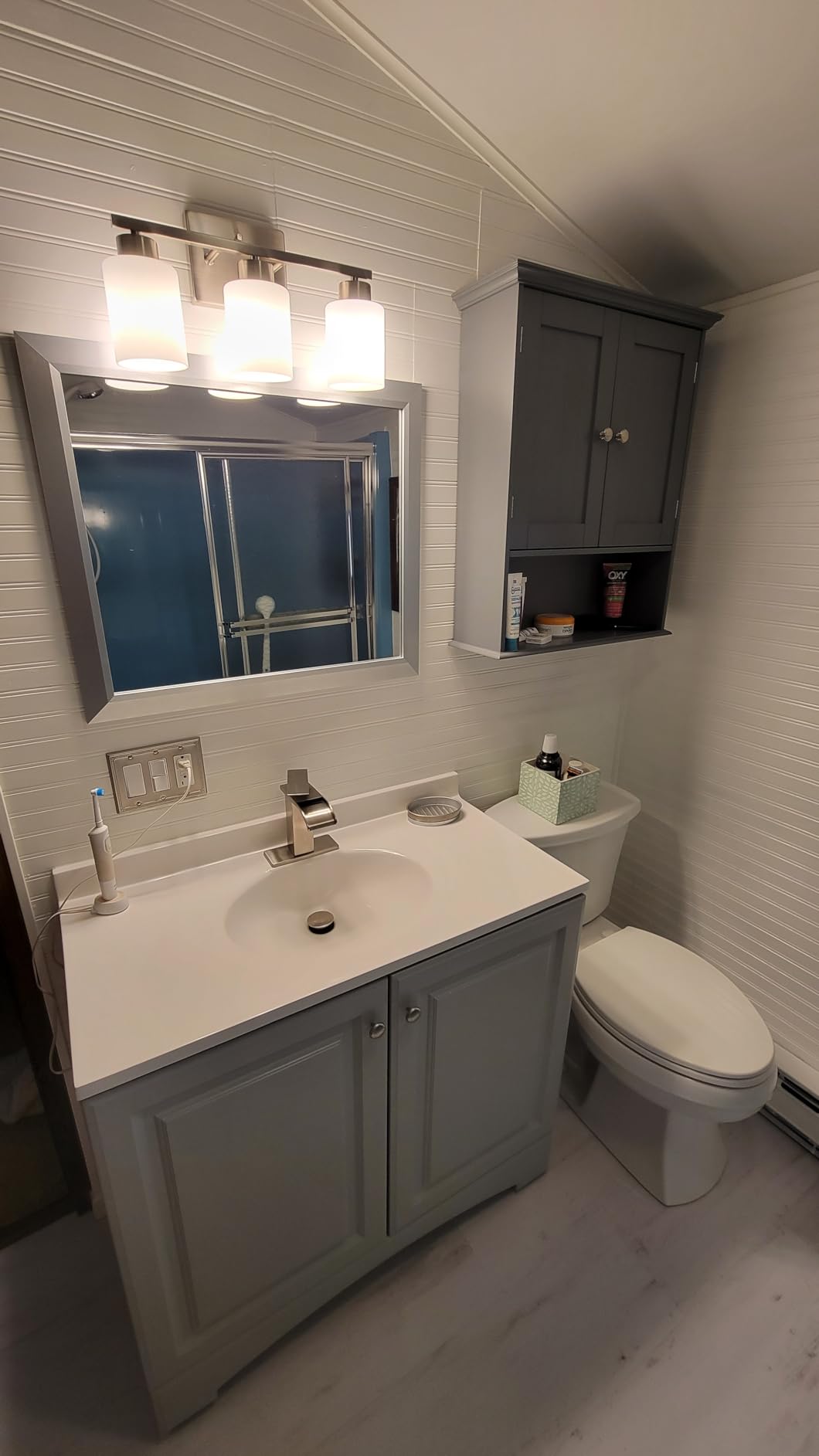 FonmYim Brushed Nickel Bathroom Light Fixtures Vanity Lights Over Mirror | Modern 3-Light Lighting Fixtures for Bathroom With Milky White Frosted Glass Shades, E26 Socket (Bulbs Not Included) customer photo 1
