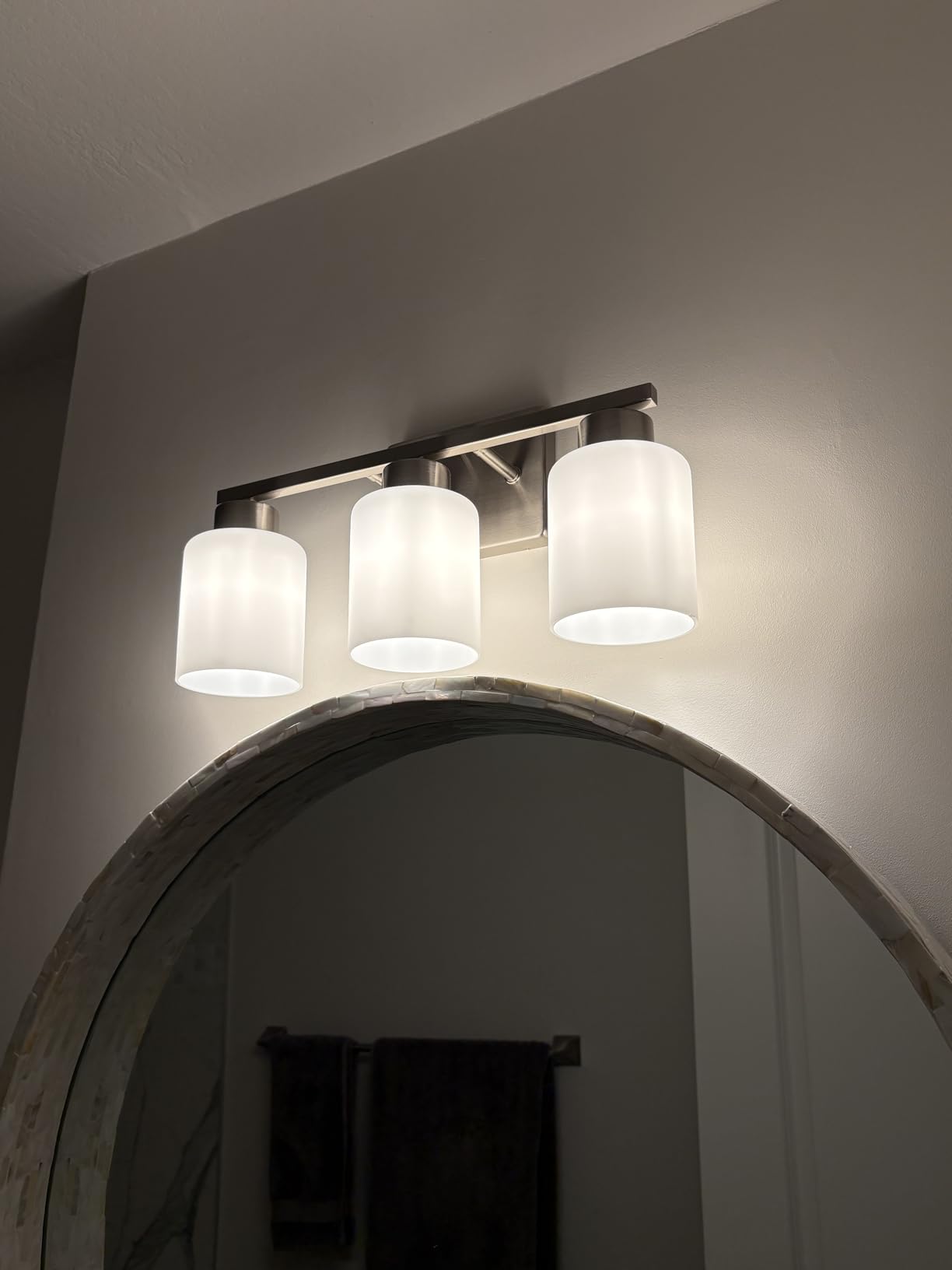 FonmYim Brushed Nickel Bathroom Light Fixtures Vanity Lights Over Mirror | Modern 3-Light Lighting Fixtures for Bathroom With Milky White Frosted Glass Shades, E26 Socket (Bulbs Not Included) customer photo 2