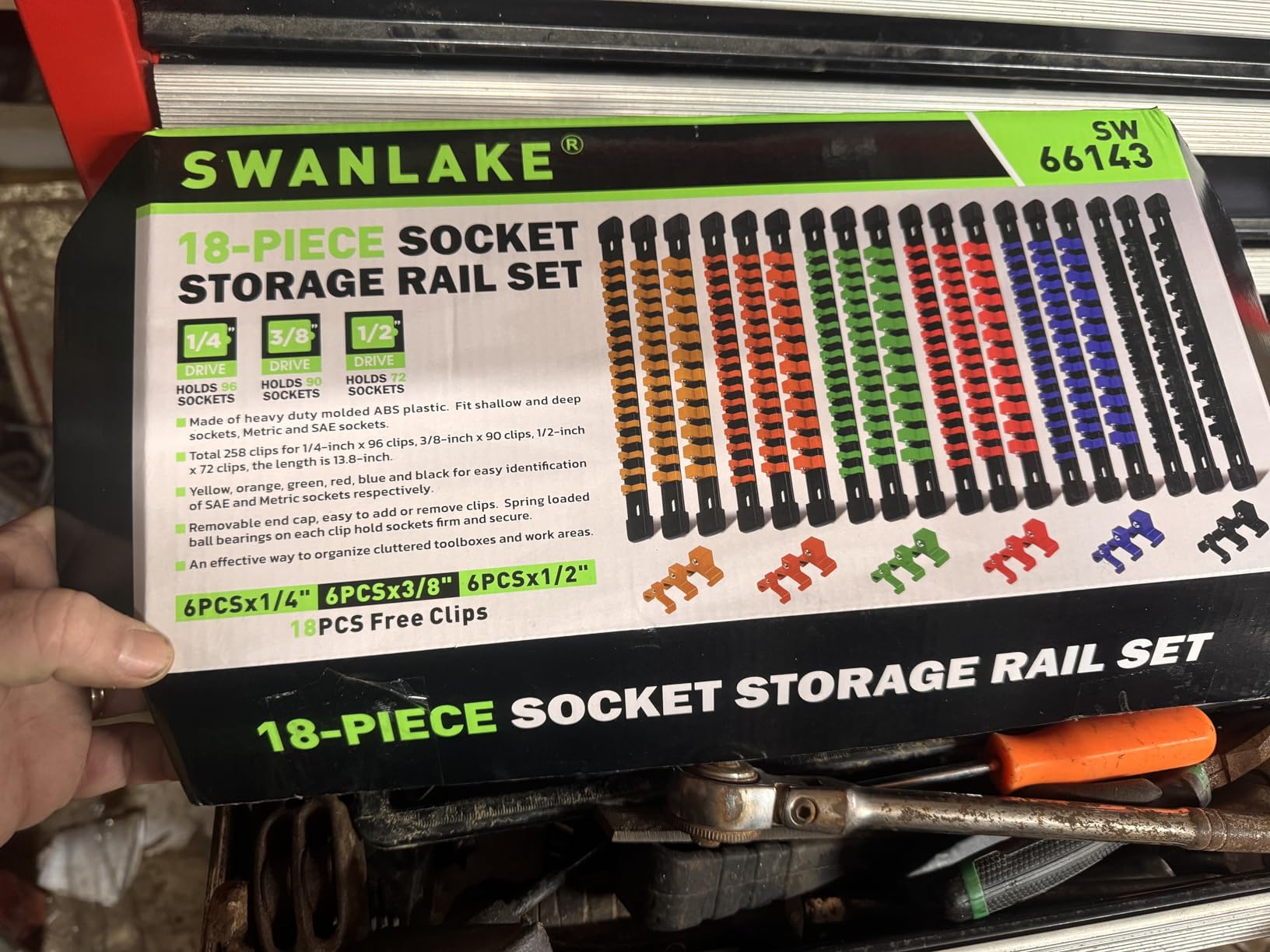 SWANLAKE Socket Organizer Set 18-Piece, 1/4-Inch x 96 Clips, 3/8-Inch x 90 Clips, 1/2-Inch x 72 Clips, Socket Organizer for Tool Box Drawer, Drive Socket Trays, Socket Holder Clip Rail customer photo 1