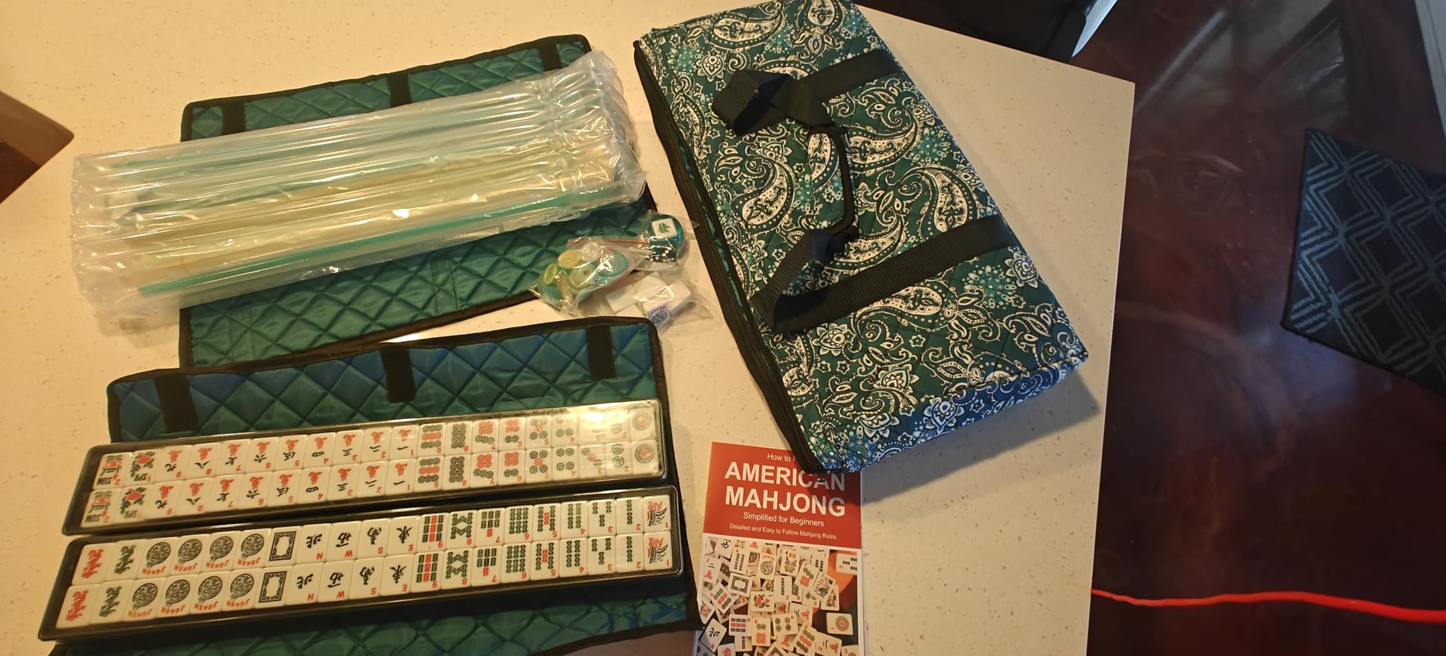 American Mahjong Game Set, 166 Quality White Tiles, 4 All-in-One Color Rack/Pushers, Mahjong Tile Set with Blue Printed Carrying Bag customer photo 2
