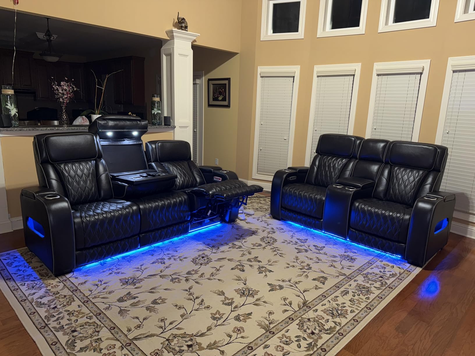 Signature Design by Ashley Power Reclining Loveseat with Console, Gray | Heated air massage seats, Top grain leather faux leather combination, Zero gravity recline, Home theater seating, Boyington customer photo 1
