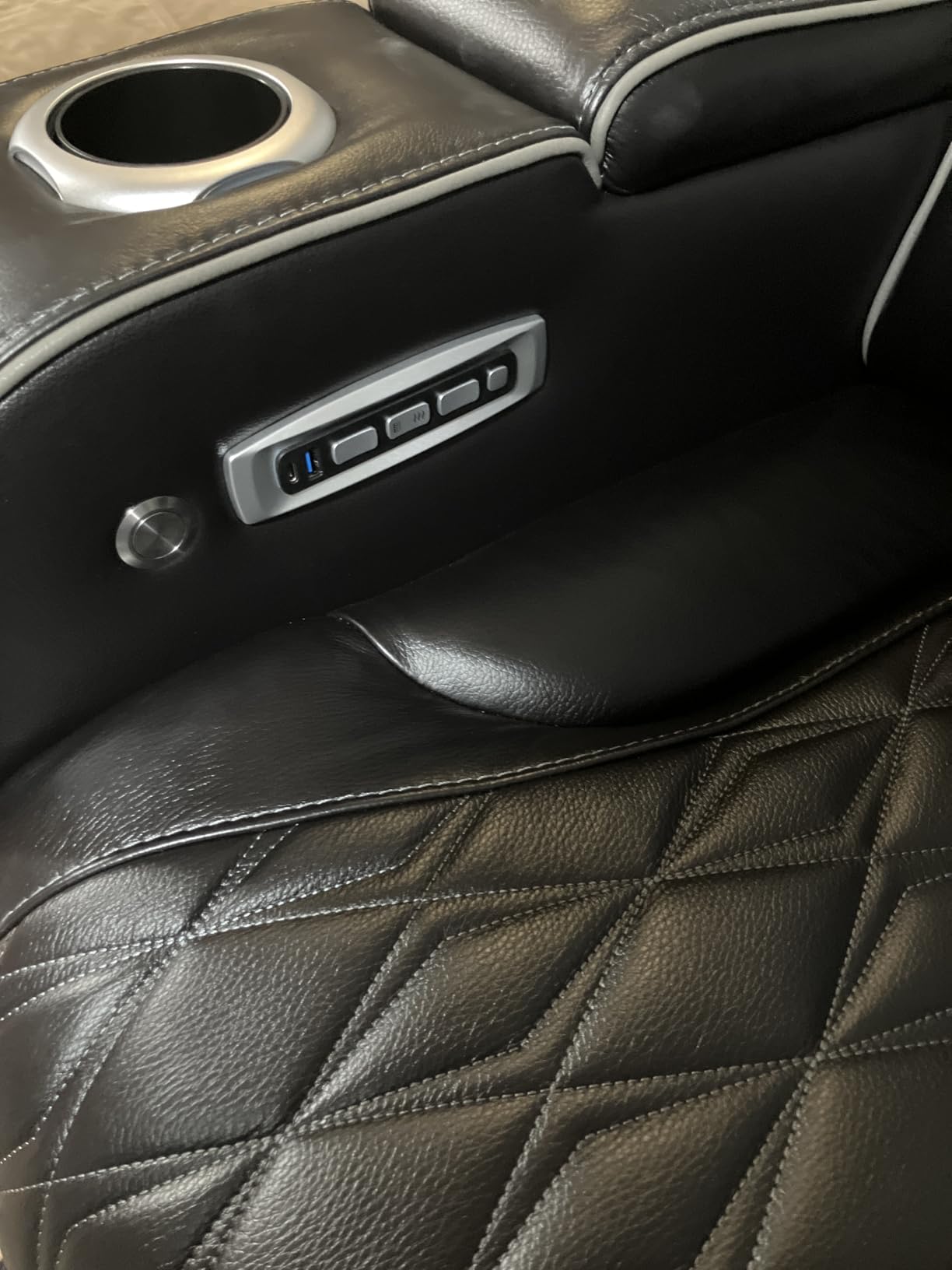 Signature Design by Ashley Power Reclining Loveseat with Console, Gray | Heated air massage seats, Top grain leather faux leather combination, Zero gravity recline, Home theater seating, Boyington customer photo 2