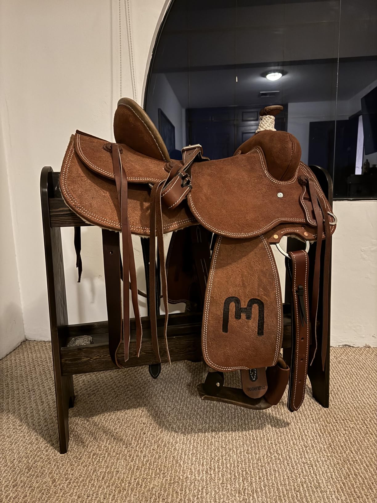 HOTCAN Pine Wood Saddle Rack | Ideal Saddle Stand for Horse Gear and Horse Tack Organizers | Suitable for Displaying Trophy Tack at Home | Compatible with English, Australian, Western Saddles (Walnut) customer photo 2