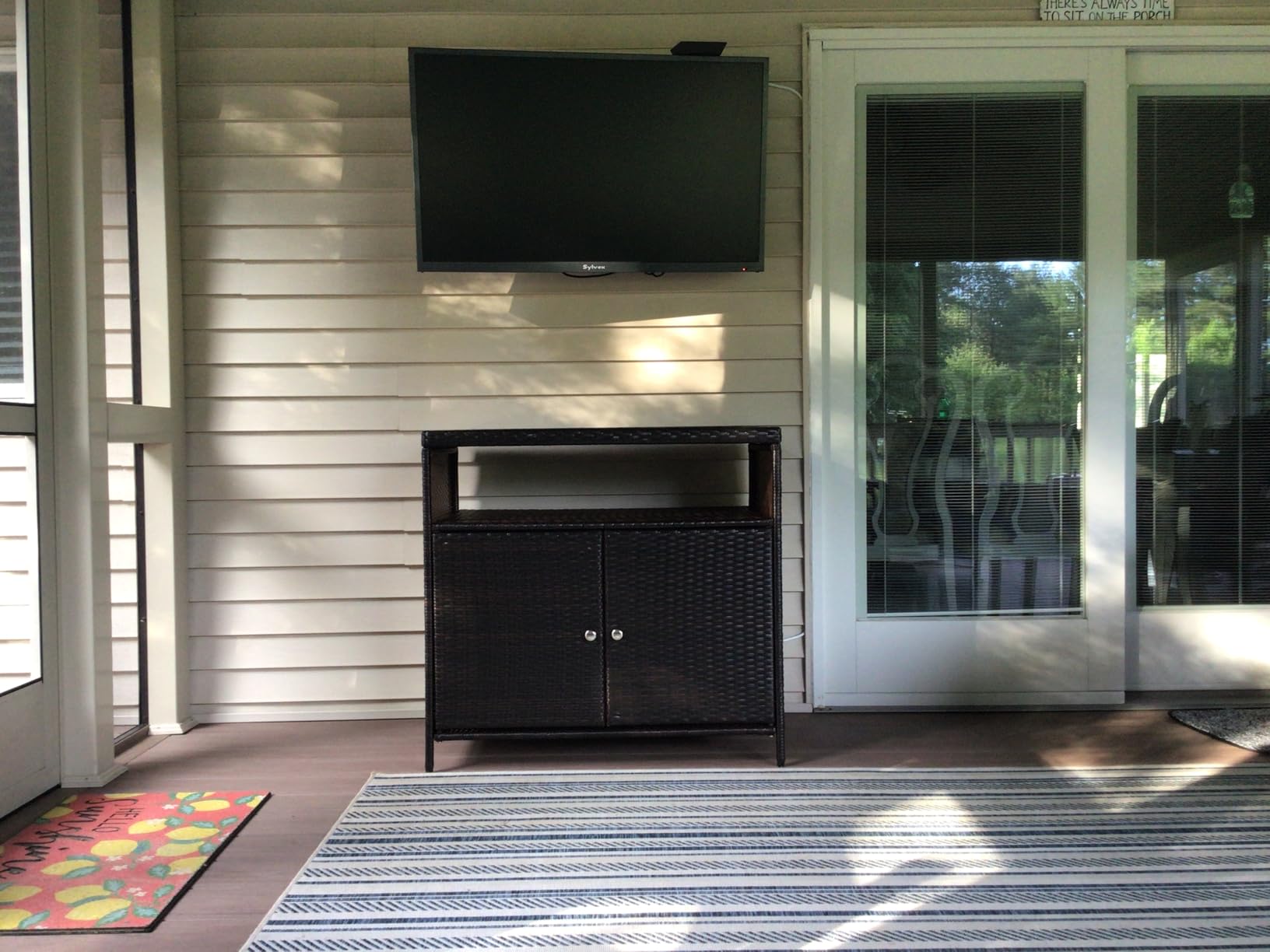Tangkula Rattan Outdoor Storage Cabinet, Patiojoy Outdoor Cabinet with Acacia Wood Countertop, Open Compartment, 2-Door Wicker Sideboard, Outdoor Bar for Patio Garden Backyard Poolside (Mix Brown) customer photo 2
