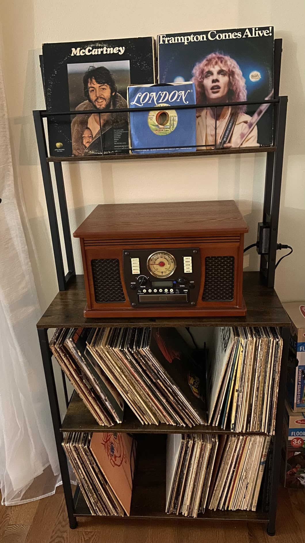Record Player Stand with Power Outlets, Vinyl Display and Storage shelf | 4-Tier Vinyl Record Storage Holds 300 LPs, Adjustable Leveling Feet, Vintage Media Cabinet for Living Room Bedroom Music Corner customer photo 2