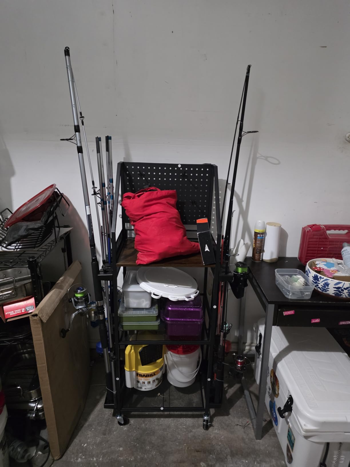 SOYEEZE Fishing Rod Holders for Garage, Fishing Pole Holders Up to 12 Rods with Pegboard and Hooks, Rolling Fishing Cart with Wheels, Fishing Gear Storage For Tackle Box & Reel Organization-6 Hooks customer photo 2
