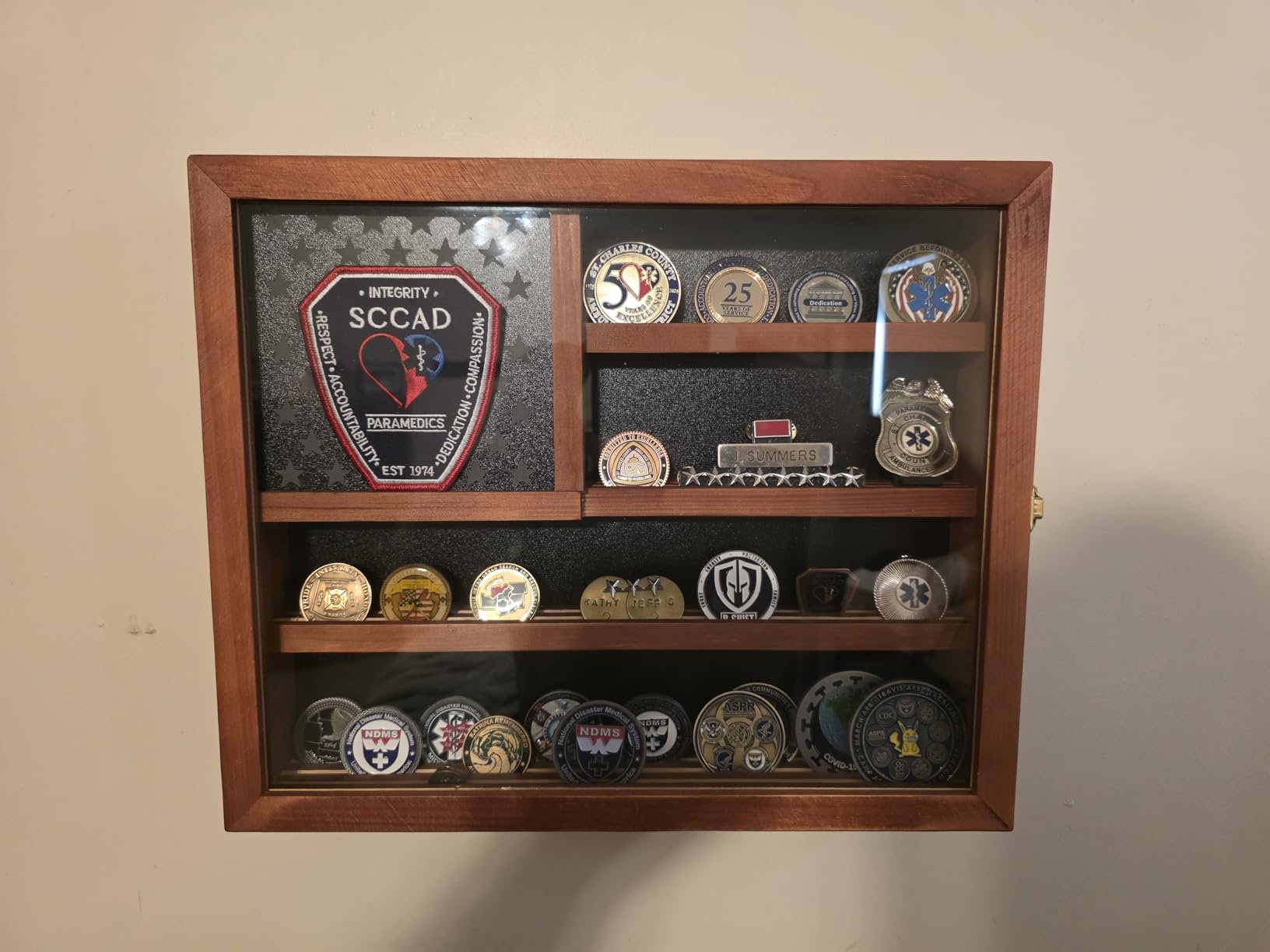 Challenge Coin Display Case, Lockable Military Coin Holder Cabinet | Removable Star Board & HD Tempered Glass Door, Solid Wood Wall Mount Coins Collection Rack Stand, Charcoal Brown customer photo 1